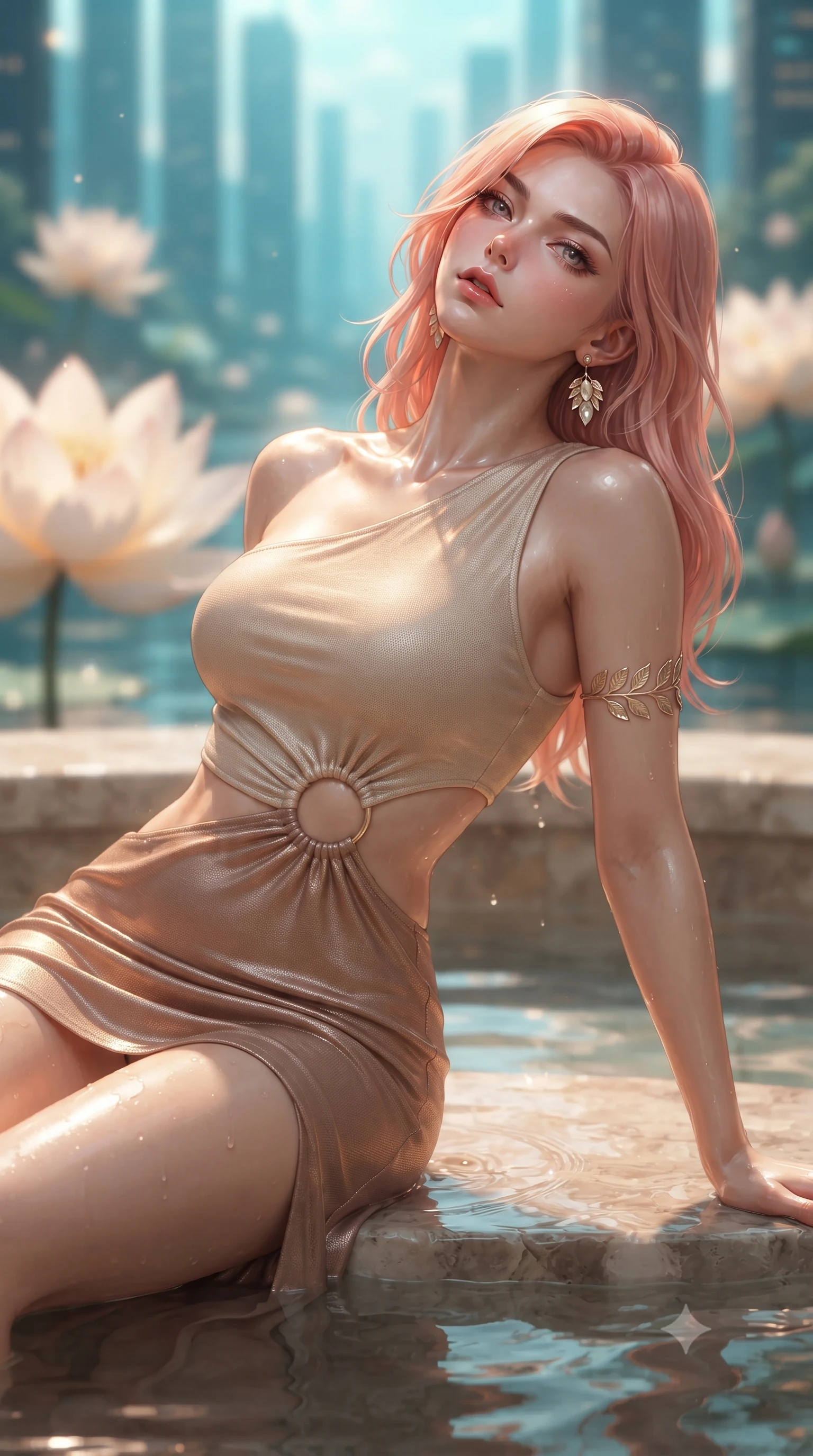 score_9, masterpiece, best quality, ultra-detailed, high-budget anime keyframe, editorial fashion photography, tasteful artistic composition, Japanese woman. close-up cowboy shot from the waist and thighs up, the character dominates the composition, filling the frame with her large presence. leaning back with relaxed seductive grace, her sculpted collarbones highlighted by light, casting smoldering bedroom-eyes directly into the lens while resting on a submerged stone bench as warm water caresses her waist, head tilted back toward the open azure sky. The composition keeps background elements in soft focus with creamy bokeh. giant floating lotus blossoms and distant vertical forest skyscrapers blurred into crystalline turquoise, gold, and azure bokeh. She has an exceptionally elegant, slender, and willowy female figure with an ultra-slim waist, a gracefully sculpted slender torso, toned flat midriff, and a refined slim silhouette. sharp v-shaped jawline, high-bridge nose, intricate jewel-like eyes with depth, thick eyelashes, glossy parted lips with a natural sheen, intensely captivating and seductive expression, flawlessly proportioned anatomical accuracy, strict slender model proportions, natural body alignment, perfectly sculpted long slender limbs, ultra-slim waistline, clean dynamic posture without body distortion. wearing a modern goddess one-shoulder liquid-knit gown with an exposed midriff ring cutout in desert sand beige and pearlescent bronze, made of flexible bio-polymer knit with second-skin elasticity, complemented by a delicate golden leaf armlet and mother-of-pearl earrings, the relaxed yet flattering fit accentuating her naturally graceful and slender figure, highlighting her tall statuesque proportions. surrounded by a fresh, captivating, and delightfully invigorating summer muse aura. ultra-reflective glossy finish, specular highlights, rich textural contrasts, high-contrast stereoscopic depth, volumetric dynamic lighting, 2k, ultra detail, master piece, 9:16 ratio