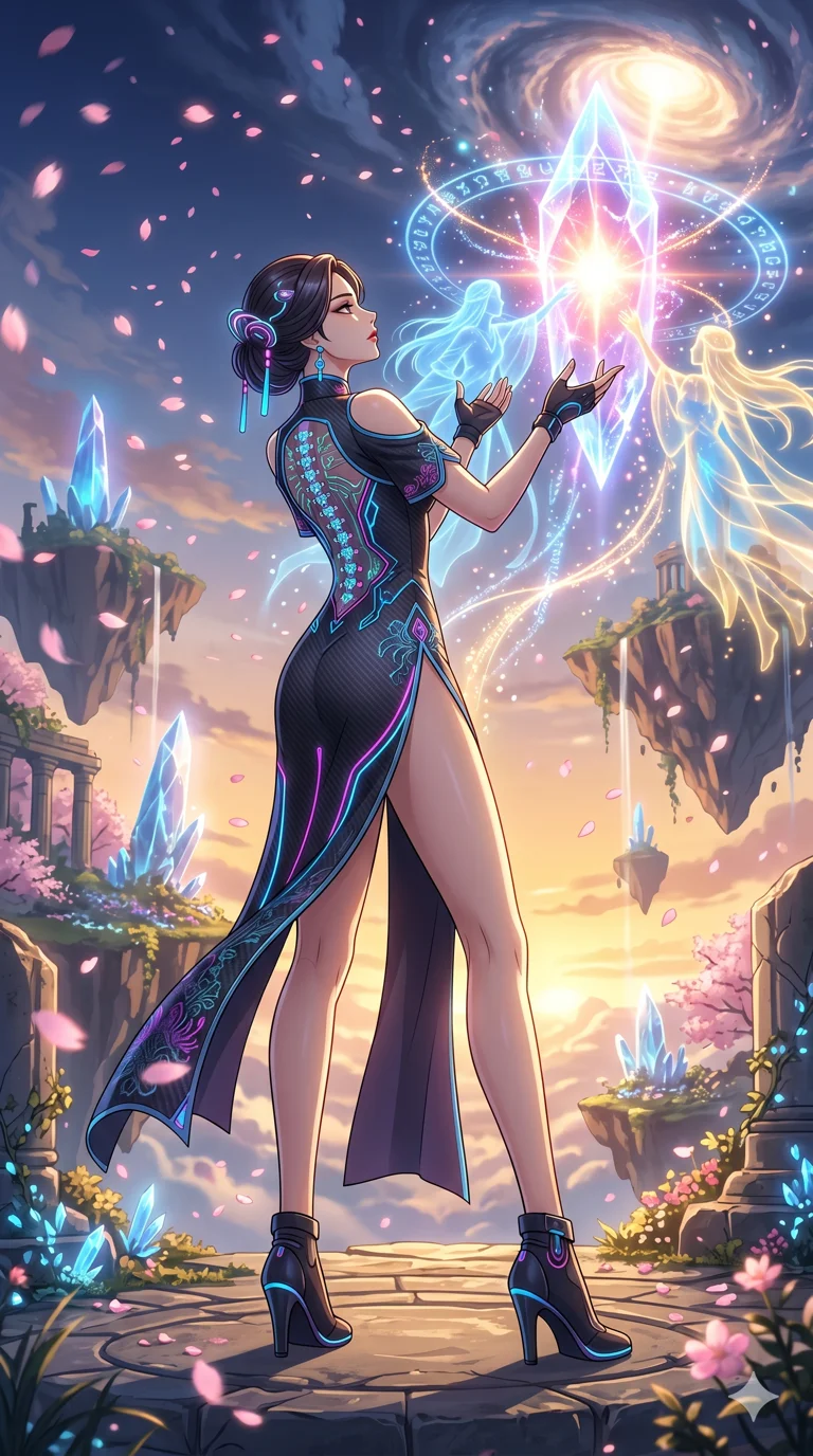 score_9, masterpiece, best quality, ultra-detailed, High-budget Anime Keyframe, vibrant colors, fluid line-art, expressive lighting, cinematic composition, Ufotable-style visual effects, top-tier animation quality, Japanese woman with delicate and elegant anime-inspired features. Low angle cowboy shot filling the entire 9:16 frame with her statuesque presence, looking up to emphasize her height. Communicating with ancient celestial beings via a massive glowing crystal core that pulses with divine energy. She has an absolutely perfect 8-heads proportion, an exceptionally tall and slender female figure with impossibly long slender legs and an ultra-slim waist, her statuesque height and towering silhouette dominating the vertical 9:16 frame. Her face is a masterpiece featuring a sharp v-shaped jawline, high-bridge nose, intricate jewel-like eyes with depth, thick eyelashes, and glossy lips with a natural sheen. She is wearing a Cyberpunk neon-lit qipao with a dangerous high slit and intricate digital embroidery crafted from Carbon-fiber weave with a high-tech matte finish and integrated glowing filaments, boasting shoulder cut-outs and a glowing spinal interface visible through the back. The scene is set in an ancient floating island with pink cherry blossoms falling like snow against a blue sky, illuminated by golden hour sunlight that gives her skin a warm, radiant glow. 2k, ultra detail, master piece, 9:16 ratio
