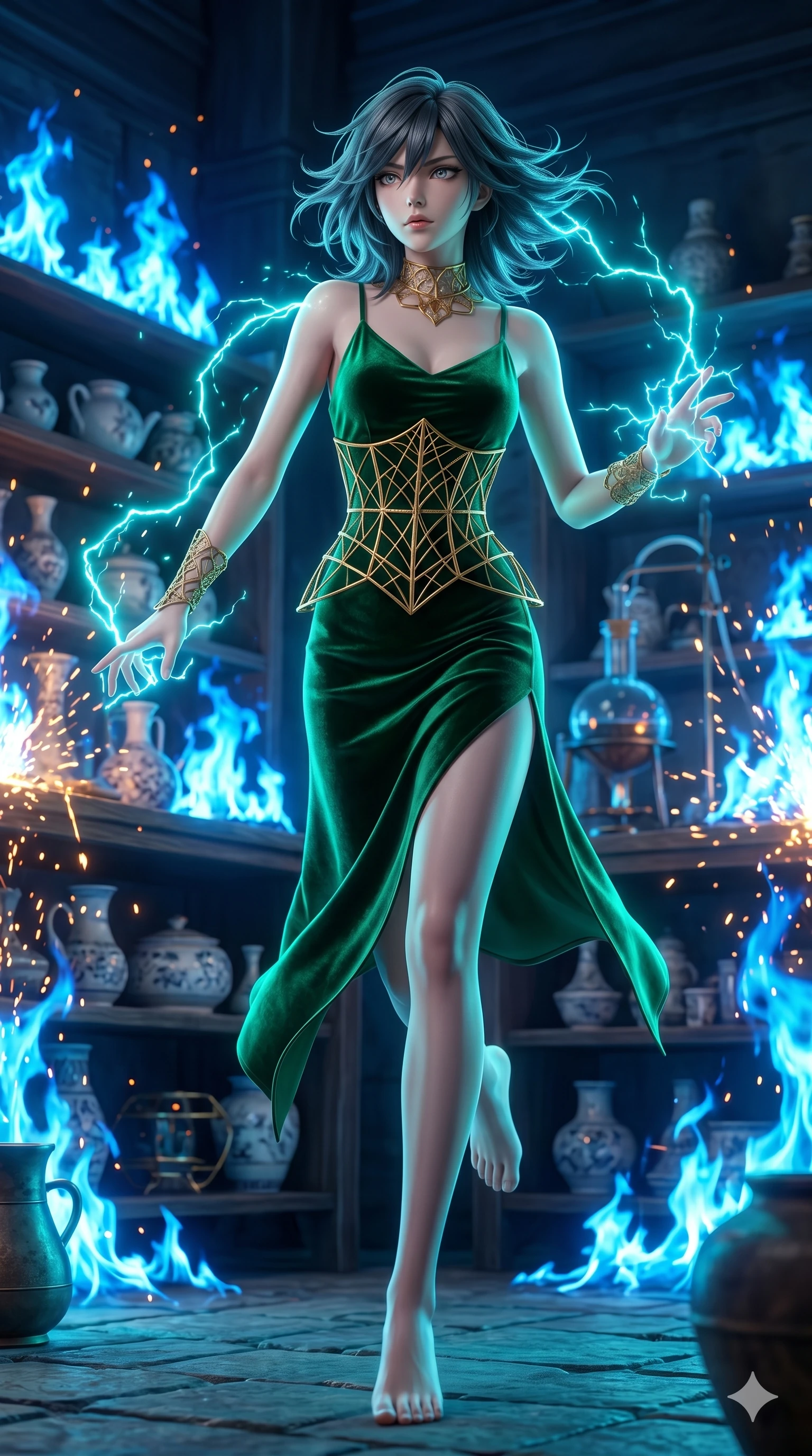 score_9, masterpiece, best quality, ultra-detailed, high-budget anime keyframe, editorial fashion photography, tasteful artistic composition, Caucasian woman, strictly human ears. low angle full-body shot from head to toe showing her feet, filling the entire 9:16 vertical frame with her statuesque presence, stretching her vertical silhouette. dashing past in an alchemical porcelain workshop amidst blue alchemical flames while sparks of electric cyan light crackle around her fingertips. She has an absolutely perfect 8-heads proportion, an exceptionally tall and slender female figure with impossibly long slender legs and an ultra-slim waist. V-shaped jawline, high-bridge nose, intricate jewel-like eyes with depth, thick eyelashes, glossy lips with a natural sheen.. wearing a mathematical gold wire cage corset and an emerald green silk velvet slip dress with an asymmetric elegant knee-high side slit. bathed in brilliant cinematic volumetric lighting and intense neon rim light highlighting her slender form. 2k, ultra detail, master piece, 9:16 ratio