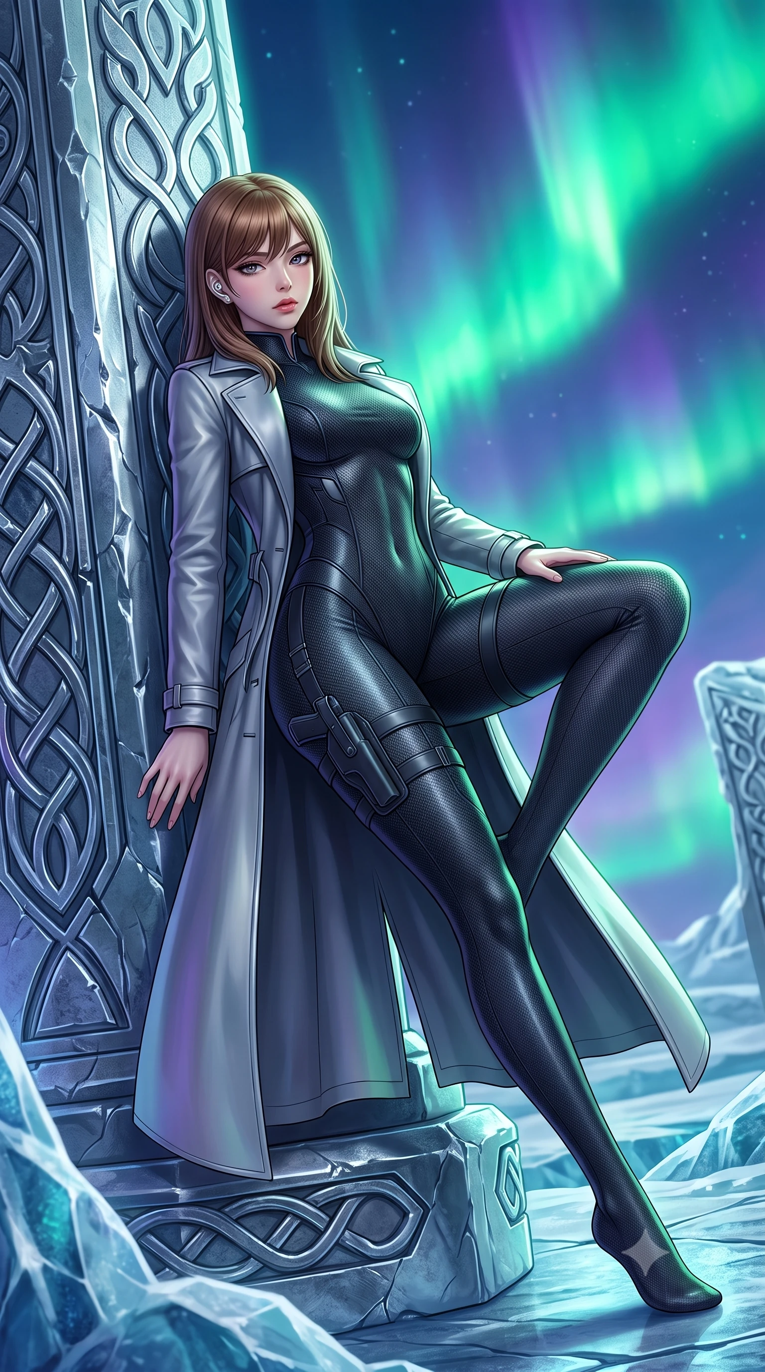 score_9, masterpiece, best quality, ultra-detailed, high-budget anime keyframe, semi-realistic 3D game render, editorial fashion photography, tasteful artistic composition, Korean woman. low angle full-body shot from head to toe showing her feet, filling the entire 9:16 vertical frame with her statuesque presence, stretching her vertical silhouette. reclining on her side in an elegant Cleopatra pose with one knee drawn up, the dramatic contour of her rounded hips and long slender legs commanding the 9:16 vertical frame while leaning back against a colossal chrome runestone pillar with hips cocked in an unapologetically bold high-fashion contrapposto stance. The surrounding environment is rendered in vivid detail and crisp panoramic clarity. sharp chrome runestone carvings, glacier ice fissure clarity, and titanium armor panel seams in deep focus. She has an absolutely perfect, statuesque 8.5-heads proportion, an exceptionally tall and slender model-like female figure with impossibly long slender legs, a toned flat midriff, an ultra-slim waist, and beautifully sculpted feminine hips. sharp v-shaped jawline, high-bridge nose, intricate jewel-like eyes with depth, thick eyelashes, glossy parted lips with a natural sheen, intensely captivating and seductive bedroom-eyes expression, flawlessly proportioned anatomical accuracy, strict slender model proportions, natural body alignment, perfectly sculpted long slender limbs, ultra-slim waistline, clean dynamic posture without body distortion. wearing a second-skin dark carbon-weave infiltration catsuit paired with a tailored long leather trench coat in winter slate grey and pearl luster, made of compression knit fabric sculpting her athletic hourglass lines, accessorized with a sleek concealed garter holster and pearl ear transmitter, the liquid-tight tailored fabric clinging flawlessly to her narrow waist and rounded feminine hips, emphasizing every millimeter of her sculpted hourglass curves during movement. bathed in vibrant emerald and violet aurora backlighting from the polar sky. highly saturated vibrant anime colors, detailed shading with soft gradients, rich glossy textures, high-contrast stereoscopic depth, volumetric dynamic lighting, master piece, 9:16 ratio