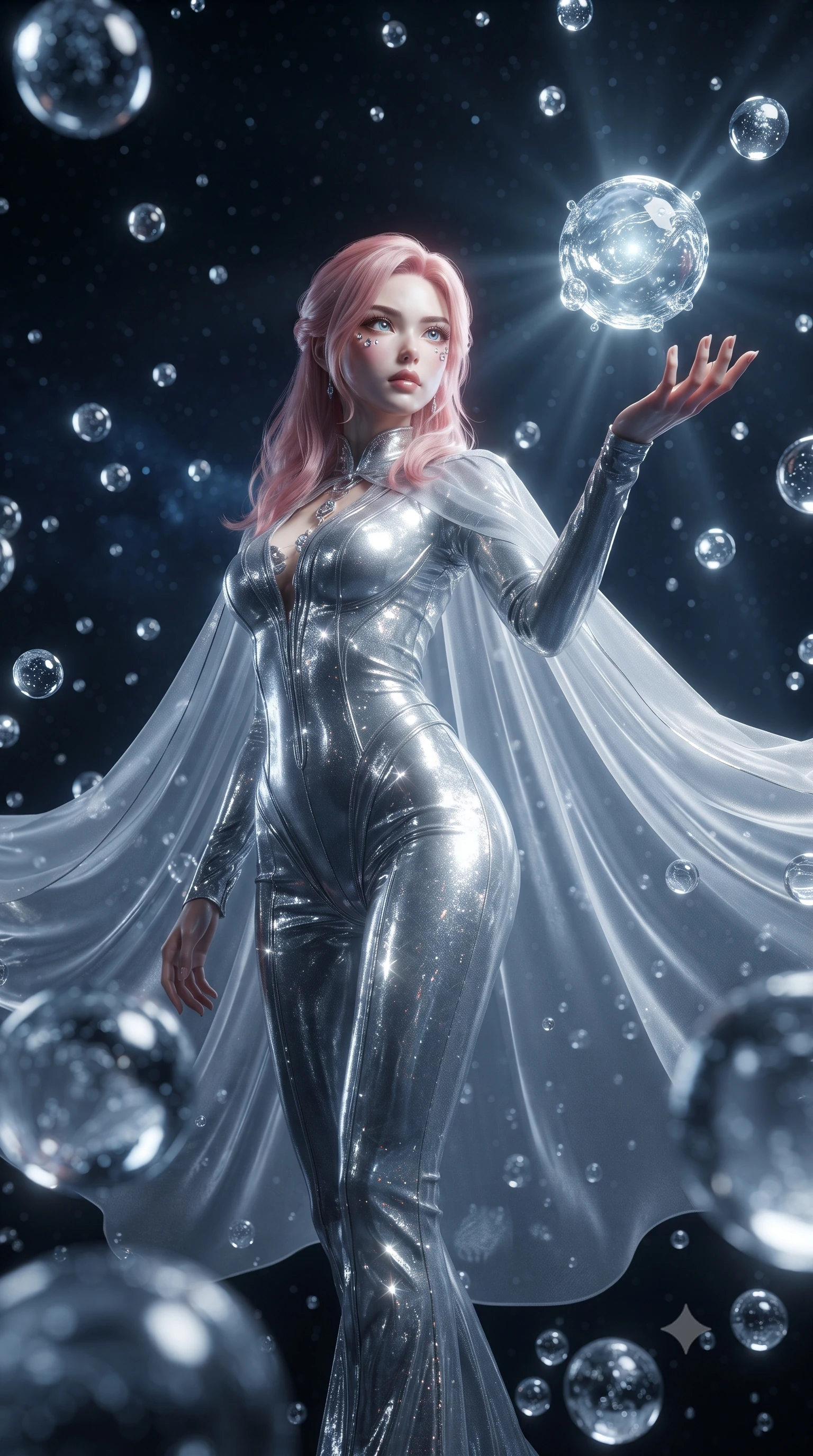 score_9, masterpiece, best quality, ultra-detailed, High-budget Anime Keyframe, editorial fashion photography, tasteful artistic composition, realistic cosplay photography, East Asian woman. Low angle cowboy shot filling the entire 9:16 frame with her statuesque presence. Scenario 476: reaching out to catch a floating sphere of liquid light in a zero-gravity sanctuary filled with floating water spheres. Her presence is magnetic and overpowering in this high-budget cinematic scene. Outfit 476: a slim-fit liquid silver shimmering chiffon jumpsuit draped with a semi-transparent chiffon cape. The clothing is designed to emphasize her exceptionally tall and slender 8-heads proportion. 8-heads proportion, towering silhouette, ultra-slim waist. sharp v-shaped jawline, intricate jewel-like eyes with depth, thick eyelashes, glossy lips. ultra-reflective glossy finish, specular highlights, metallic sheen, high-contrast stereoscopic depth, volumetric dynamic lighting, 2k, ultra detail, master piece, 9:16 ratio