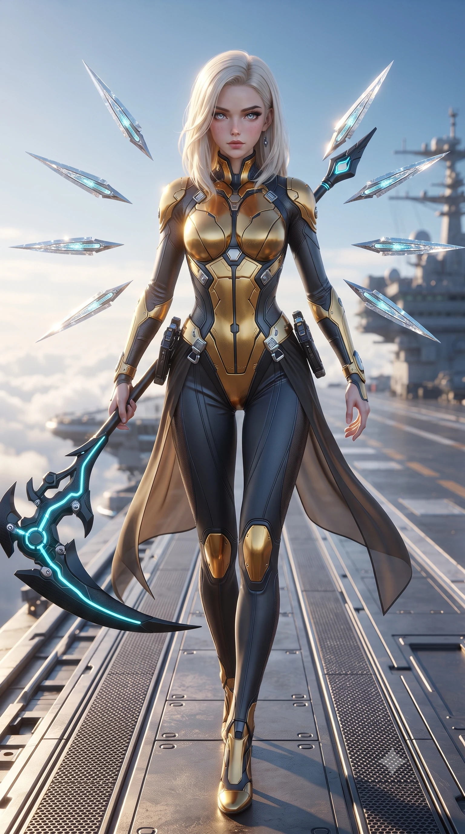 score_9, masterpiece, best quality, ultra-detailed, high-budget anime keyframe, editorial fashion photography, tasteful artistic composition, Caucasian woman. close-up cowboy shot from the waist and thighs up, the character dominates the composition, filling the frame with her large presence. gazing forward with divine sovereign poise, captivating jewel-like eyes shining with transcendent focus while holding her weapon with effortless mastery while striding commanding down the flight deck of a flying super-carrier above the clouds as eight floating nano-crystal funnel blades orbit her. The surrounding environment is rendered in vivid detail and crisp panoramic clarity. razor-sharp floating crystal blade edges, glowing levitation drive rings, and flight deck surface textures in deep focus. She has an exceptionally elegant, slender, and willowy female figure with an ultra-slim waist, a gracefully sculpted slender torso, toned flat midriff, and a refined slim silhouette. sharp v-shaped jawline, high-bridge nose, intricate jewel-like eyes with depth, thick eyelashes, glossy lips with a natural sheen, flawlessly proportioned anatomical accuracy, strict slender model proportions, natural body alignment, perfectly sculpted long slender limbs, ultra-slim waistline, clean dynamic posture without body distortion. wearing a sculpted molten-gold and dark carbon cuirass paired with high-mobility combat leggings and sheer side drapes, wielding a glowing plasma energy scythe with fluid grace in matte obsidian carbon black with electric cyan conduits, crafted from ultra-strong woven carbon-fiber composite with a satin luster, detailed with magnetic weapon holsters and polished chrome connection clasps, the sleek second-skin cut tightly hugging her graceful clavicle, narrow waist, and feminine curves with athletic precision. bathed in dazzling high-noon sunlight and rich sky-blue ambient bounce light. ultra-reflective glossy finish, specular highlights, dark metallic sheen, high-contrast stereoscopic depth, volumetric dynamic lighting, 2k, ultra detail, master piece, 9:16 ratio