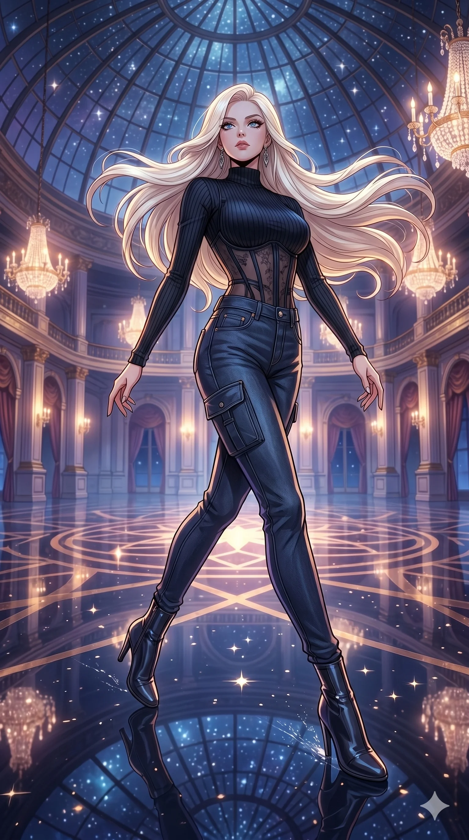score_9, masterpiece, best quality, ultra-detailed, high-budget anime movie keyframe, cinematic anime lighting, intricate line art, Korean woman. Low angle cowboy shot capturing a powerful motion and statuesque presence. gliding through a ballroom as the floor reflects the stars above. She has an absolutely perfect 8-heads proportion, an exceptionally tall and slender female figure with an ultra-slim waist and impossibly long slender legs. strictly human anatomy, two legs only, no extra limbs, clearly defined legs and arms, perfect anatomy, perfect hands and fingers. sharp v-shaped jawline, high-bridge nose, intricate jewel-like eyes, thick eyelashes, glossy lips. Wearing Urban Trendsetter: Ribbed bodycon dress, crop top with high-waist denim, and sheer corset with cargo pants. The scene is illuminated by dramatic atmospheric lighting and vibrant color palettes. , 2k, ultra detail, master piece, 9:16 ratio