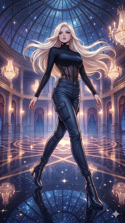 score_9, masterpiece, best quality, ultra-detailed, high-budget anime movie keyframe, cinematic anime lighting, intricate line art, Korean woman. Low angle cowboy shot capturing a powerful motion and statuesque presence. gliding through a ballroom as