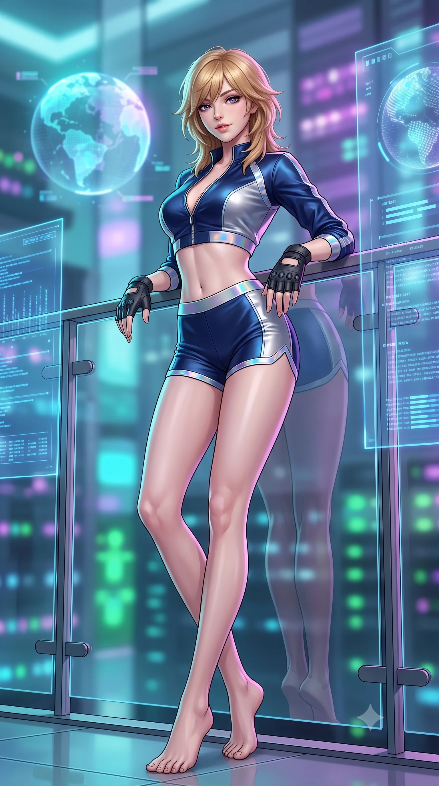 score_9, masterpiece, best quality, ultra-detailed, high-budget anime keyframe, semi-realistic 3D game render, editorial fashion photography, tasteful artistic composition, Korean woman. low angle full-body shot from head to toe showing her feet, filling the entire 9:16 vertical frame with her statuesque presence, stretching her vertical silhouette. leaning deep against the balcony balustrade with hips cocked back in an unapologetically alluring high-fashion stance, casting an intoxicating glance while standing poised between transparent glass projection displays with hips cocked back, blue data streams illuminating her hourglass contours. The background shows a soft-focus floating holographic globe projections, blinking fiber-optic server lights, and glass partitions blurred into cyan, violet, and emerald bokeh. She has an absolutely perfect, statuesque 8.5-heads proportion, an exceptionally tall and slender model-like female figure with impossibly long slender legs, an ultra-slim waist, a flat toned midriff, narrow delicate ribcage, and beautifully sculpted feminine hips creating a graceful, slim hourglass silhouette without any bulky heaviness. sharp v-shaped jawline, high-bridge nose, sparkling eyes with hypnotic seductive depth, thick curled eyelashes, glossy parted lips with a natural dewy peach sheen, alluring bedroom-eyes with an enchanting coquettish smile, exuding magnetic siren charisma and sophisticated glamour, flawlessly proportioned anatomical accuracy, strict slender model proportions, natural body alignment, perfectly sculpted long slender limbs, ultra-slim waistline, clean dynamic posture without body distortion. wearing a modern two-piece tactical siren set featuring a zip-front bolero jacket and curve-hugging compression hot-pants in deep sapphire navy and metallic silver with holographic trims, crafted from fluid liquid silk satin that clings smoothly to every curve with a dewy sheen, finished with fingerless matte leather tactical driving gloves with reinforced knuckles, the high-slit wrap tailoring accentuating her ultra-slim waistline and the enchanting curve of her feminine hips with alluring seductive charm. bathed in dynamic cyan and ultraviolet illumination radiating from giant holographic displays. highly saturated vibrant anime colors, detailed shading with soft gradients, rich glossy textures, high-contrast stereoscopic depth, volumetric dynamic lighting, master piece, 9:16 ratio
