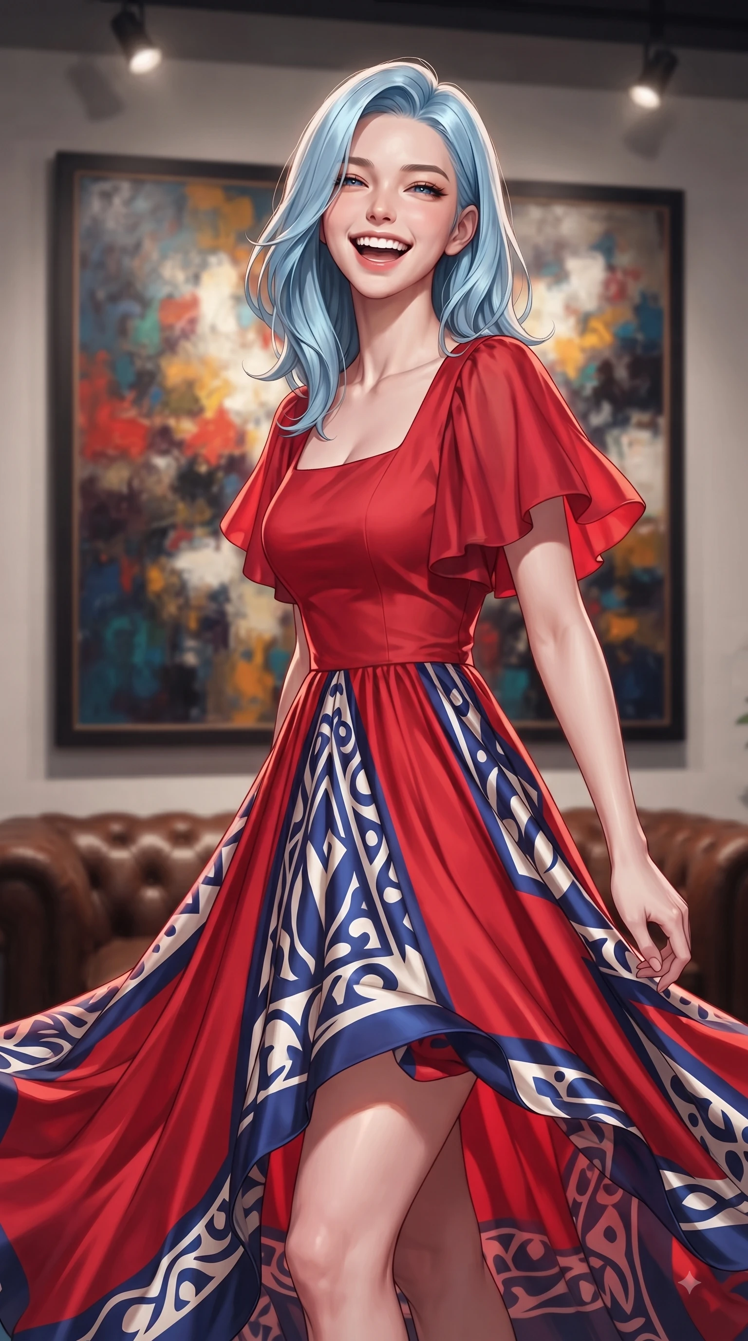 score_9, masterpiece, best quality, ultra-detailed, high-budget anime keyframe, editorial fashion photography, tasteful artistic composition, Korean woman. close-up cowboy shot from the waist and thighs up, the character dominates the composition, filling the frame with her large presence. Ecstatic joyful laughter with eyes crinkling in pure delight and vibrant energy filling her dynamic posture while pausing dramatically near a large abstract oil painting with a magnetic editorial gaze. The composition keeps background elements in soft focus with dreamy bokeh. vintage leather furnishings and soft gallery spotlights softened by shallow focus. She has an exceptionally elegant, slender, and willowy female figure with an ultra-slim waist, a gracefully sculpted slender torso, and a refined silhouette. sharp v-shaped jawline, high-bridge nose, intricate jewel-like eyes with depth, thick eyelashes, glossy lips with a natural sheen, flawlessly proportioned anatomical accuracy, natural body alignment, perfectly sculpted elegant limbs, clean dynamic posture without body distortion. wearing a vibrant scarlet red chiffon maxi dress with a dramatic flowing skirt in royal navy blue and pure ivory, crafted from smooth liquid silk satin, featuring elegant flutter sleeves and a graceful square neckline, the tailored fit highlighting her statuesque and model-like silhouette. surrounded by a chic, intellectual, and artistic urban editorial atmosphere. ultra-reflective glossy finish, specular highlights, metallic sheen, high-contrast stereoscopic depth, volumetric dynamic lighting, 2k, ultra detail, master piece, 9:16 ratio