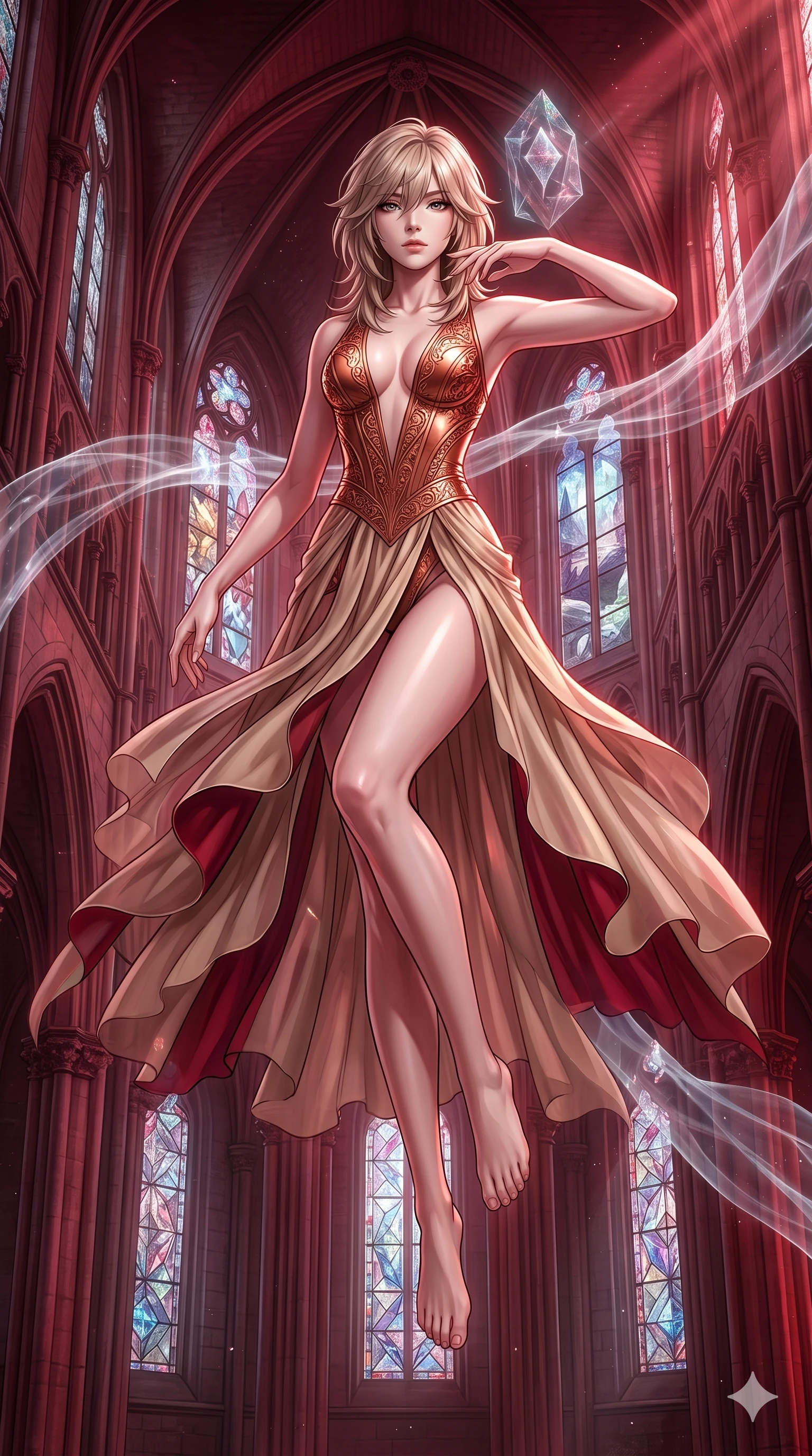 score_9, masterpiece, best quality, ultra-detailed, high-budget anime keyframe, editorial fashion photography, tasteful artistic composition, Japanese woman. low angle full-body shot from head to toe showing her feet, filling the entire 9:16 vertical frame with her statuesque presence, stretching her vertical silhouette. floating with ethereal lightness within a cathedral that exists simultaneously in physical and astral planes with ghostly double-images of every surface stained-glass windows showing different realities and translucent spirit light flowing through the nave. She has a statuesque 8.5-heads proportion, an exceptionally tall, slender and willowy model-like build with impossibly long legs and a highly sculpted ultra-slim waist. sharp v-shaped jawline, high-bridge nose, intricate jewel-like eyes with depth, thick eyelashes, glossy lips with a natural sheen. wearing a metallic copper bodysuit with a deep V-cut front, paired with a flowing beige asymmetrical wrap skirt. deep crimson theatrical lighting with sharp specular highlights on every curve. 2k, ultra detail, master piece, 9:16 ratio