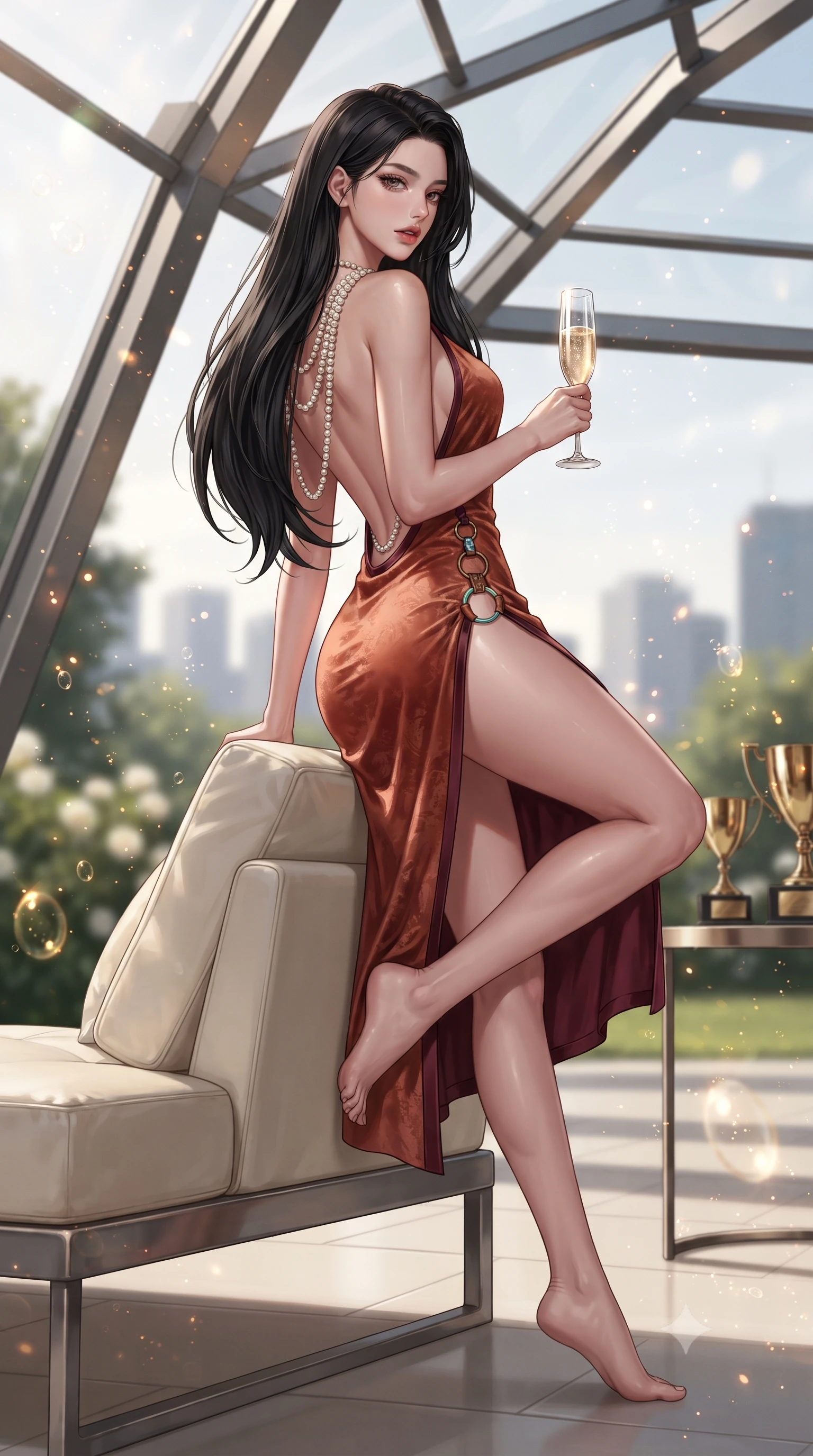 score_9, masterpiece, best quality, ultra-detailed, high-budget anime keyframe, editorial fashion photography, tasteful artistic composition, Korean woman. low angle full-body shot from head to toe showing her feet, filling the entire 9:16 vertical frame with her statuesque presence, stretching her vertical silhouette. leaning deep against the structural architecture with hips cocked in an unapologetically bold, seductive high-fashion stance while perching on the armrest of a plush cream leather lawn lounger with legs crossed, arching her lower back while holding a crystal champagne flute. The composition keeps background elements in soft focus with creamy bokeh. champagne bubbles and brass trophy reflections scattering warm sparkling light motes across the terrace. She has an exceptionally tall and slender model-like 8.5-heads proportion, an ultra-slim waist, a flat toned midriff, narrow delicate ribcage, and beautifully sculpted feminine hips creating a graceful, slim hourglass silhouette without any bulky heaviness, with impossibly long slender legs. sharp v-shaped jawline, high-bridge nose, intricate jewel-like eyes with depth, thick eyelashes, glossy parted lips with a natural sheen, intensely captivating and seductive bedroom-eyes expression, flawlessly proportioned anatomical accuracy, strict slender model proportions, natural body alignment, perfectly sculpted long slender limbs, ultra-slim waistline, clean dynamic posture without body distortion. wearing a backless terracotta silk wrap dress featuring high-cut side hip slits and turquoise ring hardware in deep wine burgundy and antique bronze, crafted from heavyweight crushed silk velvet with liquid vintage luster, accented with a multi-strand pearl back necklace cascading down her bare spine to her hips, the precision-cut side openings and low-back scoop framing her graceful spine and the sensual sweep of her slim, toned hips. illuminated by sharp specular highlights carving her sculpted collarbones, flat toned midriff, and rounded hips. ultra-reflective glossy finish, specular highlights, rich textural contrasts, high-contrast stereoscopic depth, volumetric dynamic lighting, 2k, ultra detail, master piece, 9:16 ratio