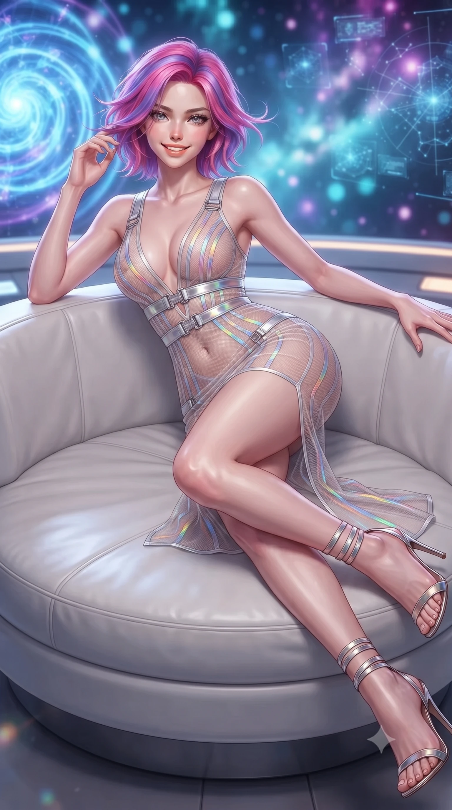 score_9, masterpiece, best quality, ultra-detailed, high-budget anime keyframe, editorial fashion photography, tasteful artistic composition, Caucasian woman. close-up cowboy shot from the waist and thighs up, the character dominates the composition, filling the frame with her large presence. turning slowly with an enchanting smoldering smile, her glossy hair tossing in the breeze as her hips angle gracefully in a captivating contrapposto while lounging gracefully across the circular white leather captain lounge propped on one elbow with legs extended, displaying her long slender limbs and statuesque hourglass silhouette. The background shows a soft-focus swirling spirals of electric-sapphire ion plasma, floating 3D holographic star charts, and distant nebula clouds blurred into sapphire, cyan, and amethyst bokeh. She has an exceptionally elegant, slender, and willowy female figure with an ultra-slim waist, flat toned midriff, narrow ribcage, and sculpted feminine hips creating an alluring, slim hourglass silhouette without bulk. sharp v-shaped jawline, high-bridge nose, intricate jewel-like sparkling eyes with depth, thick eyelashes, glossy parted lips with a natural peach sheen, bright cheerful beaming smile with an enchanting and coquettish sensual glint, exuding both youthful cute charm and seductive allure, flawlessly proportioned anatomical accuracy, strict slender model proportions, natural body alignment, perfectly sculpted long slender limbs, ultra-slim waistline, clean dynamic posture without body distortion. wearing a plunge-front sheer illusion tulle combat slip dress with liquid platinum ribbon stripes hugging her curves in solar-sail rainbow diffraction and titanium white, woven from fine semi-opaque stretch illusion mesh tracing her slender contours, complemented by strappy stiletto sandals with metallic ankle wraps accentuating her slender calves, the impeccably tailored cut draping gracefully along her slender figure with aristocratic poise. bathed in the glowing monochromatic radiance of electric-sapphire ion plasma mixed with warm 2800K console edge lights. ultra-reflective glossy finish, specular highlights, rich textural contrasts, high-contrast stereoscopic depth, volumetric dynamic lighting, 2k, ultra detail, master piece, 9:16 ratio
