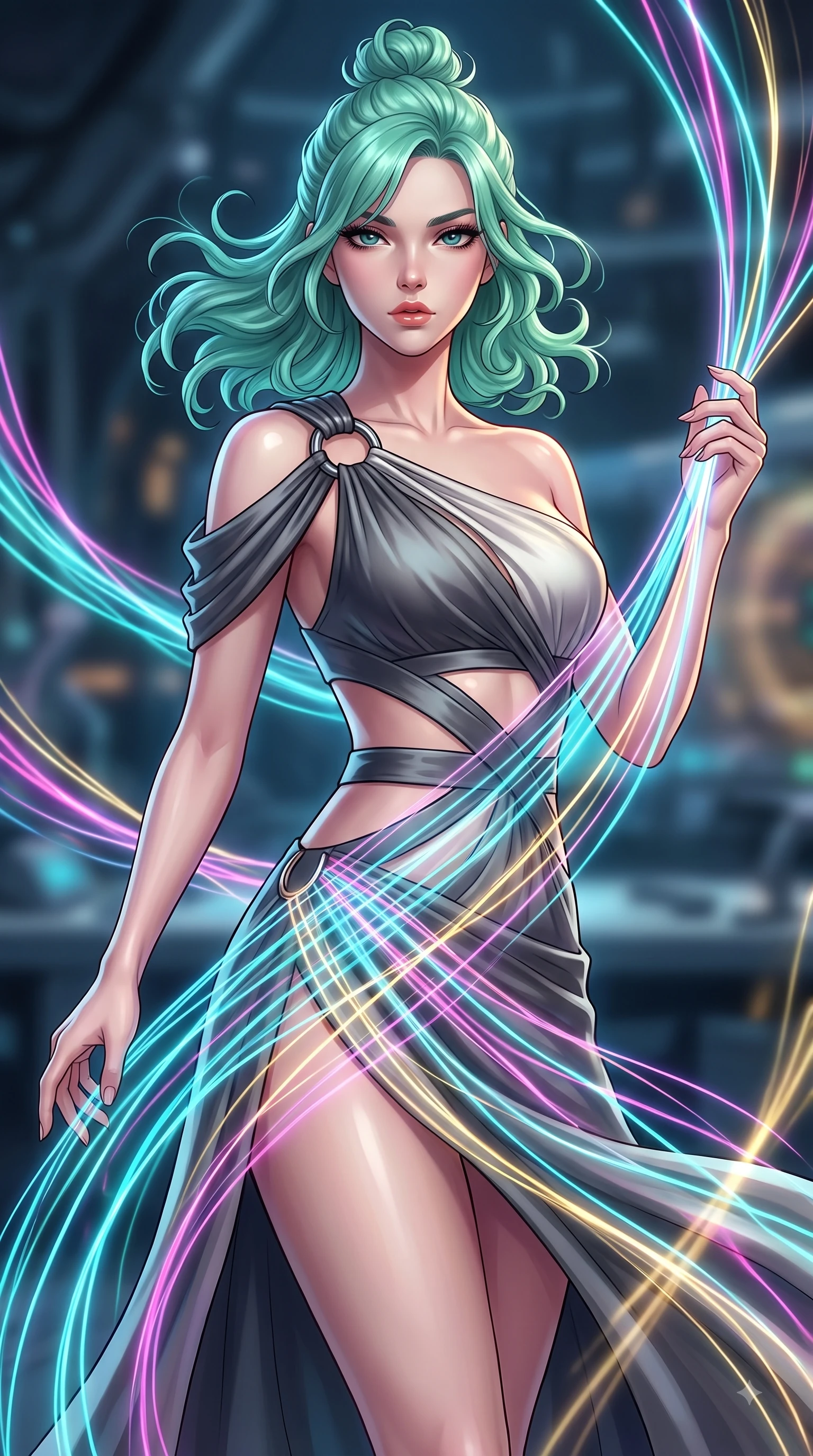score_9, masterpiece, best quality, ultra-detailed, high-budget anime keyframe, editorial fashion photography, tasteful artistic composition, Japanese woman. close-up cowboy shot from the waist and thighs up, the character dominates the composition, filling the frame with her large presence, background elements kept in soft focus. Gazing past the lens with smoldering intensity as her torso curves dynamically in mid-stride while weaving a shimmering dress of light threads that flow around her figure in zero-gravity, fluorescent cyan, magenta, and gold light threads crossing in 3D space. She has an exceptionally elegant, slender, and willowy female figure with an ultra-slim waist, a gracefully sculpted slender torso, and a refined silhouette. sharp v-shaped jawline, high-bridge nose, intricate jewel-like eyes with depth, thick eyelashes, glossy lips with a natural sheen, flawlessly proportioned anatomical accuracy, natural body alignment, perfectly sculpted elegant limbs, clean dynamic posture without body distortion. wearing an asymmetrical Grecian draped chiffon gown with a metallic shoulder ring in charcoal grey and platinum, crafted from smooth liquid silk, featuring subtle geometric cutouts that highlight her ultra-slim midriff, the sleek second-skin texture accentuating her magnetic presence. illuminated by the brilliant glow of cyan and gold luminescent plasma threads. highly saturated vibrant anime colors, detailed shading with soft gradients, rich glossy textures, high-contrast stereoscopic depth, volumetric dynamic lighting, master piece, 9:16 ratio