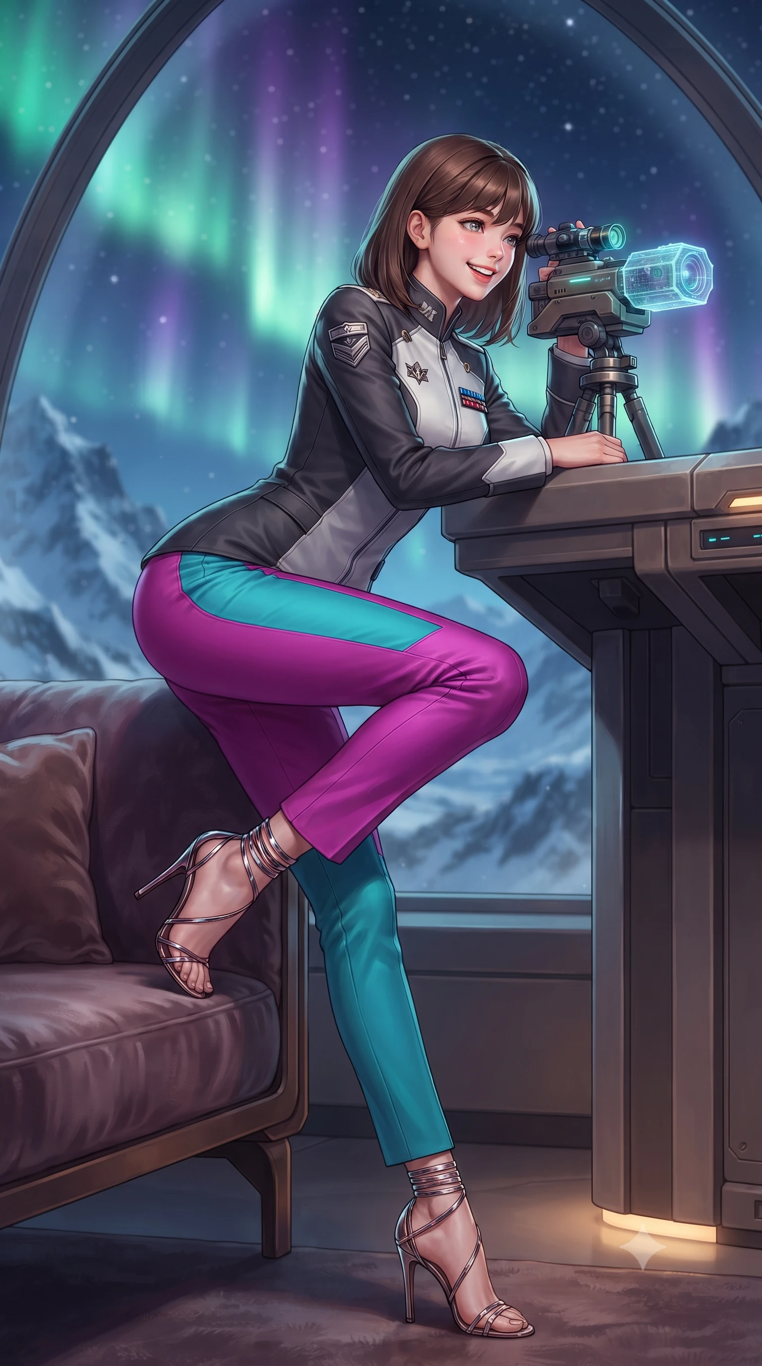 score_9, masterpiece, best quality, ultra-detailed, high-budget anime keyframe, editorial fashion photography, tasteful artistic composition, Korean woman. close-up cowboy shot from the waist and thighs up, the character dominates the composition, filling the frame with her large presence. perched sideways on the lounge seat, one knee drawn up to showcase her slender leg line while her arched back accentuates her feminine hip curve while leaning against the tactical parapet with hips cocked back, looking through illuminated holographic sniper optics toward frozen mountain peaks with bedroom-eyes. The background shows a soft-focus rippling emerald and amethyst southern aurora ribbons across the star-studded night sky, jagged snow-covered mountain ridges blurred into jade, violet, and diamond bokeh. She has an exceptionally elegant, slender, and willowy female figure with an ultra-slim waist, flat toned midriff, narrow ribcage, and sculpted feminine hips creating an alluring, slim hourglass silhouette without bulk. sharp v-shaped jawline, high-bridge nose, intricate jewel-like sparkling eyes with depth, thick eyelashes, glossy parted lips with a natural peach sheen, bright cheerful beaming smile with an enchanting and coquettish sensual glint, exuding both youthful cute charm and seductive allure, flawlessly proportioned anatomical accuracy, strict slender model proportions, natural body alignment, perfectly sculpted long slender limbs, ultra-slim waistline, clean dynamic posture without body distortion. wearing a tailored orbital colony command uniform in dark grey and white paneling with rank insignia pins and tailored straight-leg trousers in Kowloon neon magenta and electric teal, crafted from bespoke double-faced cashmere with an exceptionally soft tactile finish, complemented by strappy stiletto sandals with metallic ankle wraps accentuating her slender calves, the bespoke structured tailoring following the natural line of her 8.5-heads silhouette with refined elegance. bathed in the natural undulating luminescence of polar auroras contrasted with warm 2500K dome interior cove lighting. ultra-reflective glossy finish, specular highlights, rich textural contrasts, high-contrast stereoscopic depth, volumetric dynamic lighting, 2k, ultra detail, master piece, 9:16 ratio