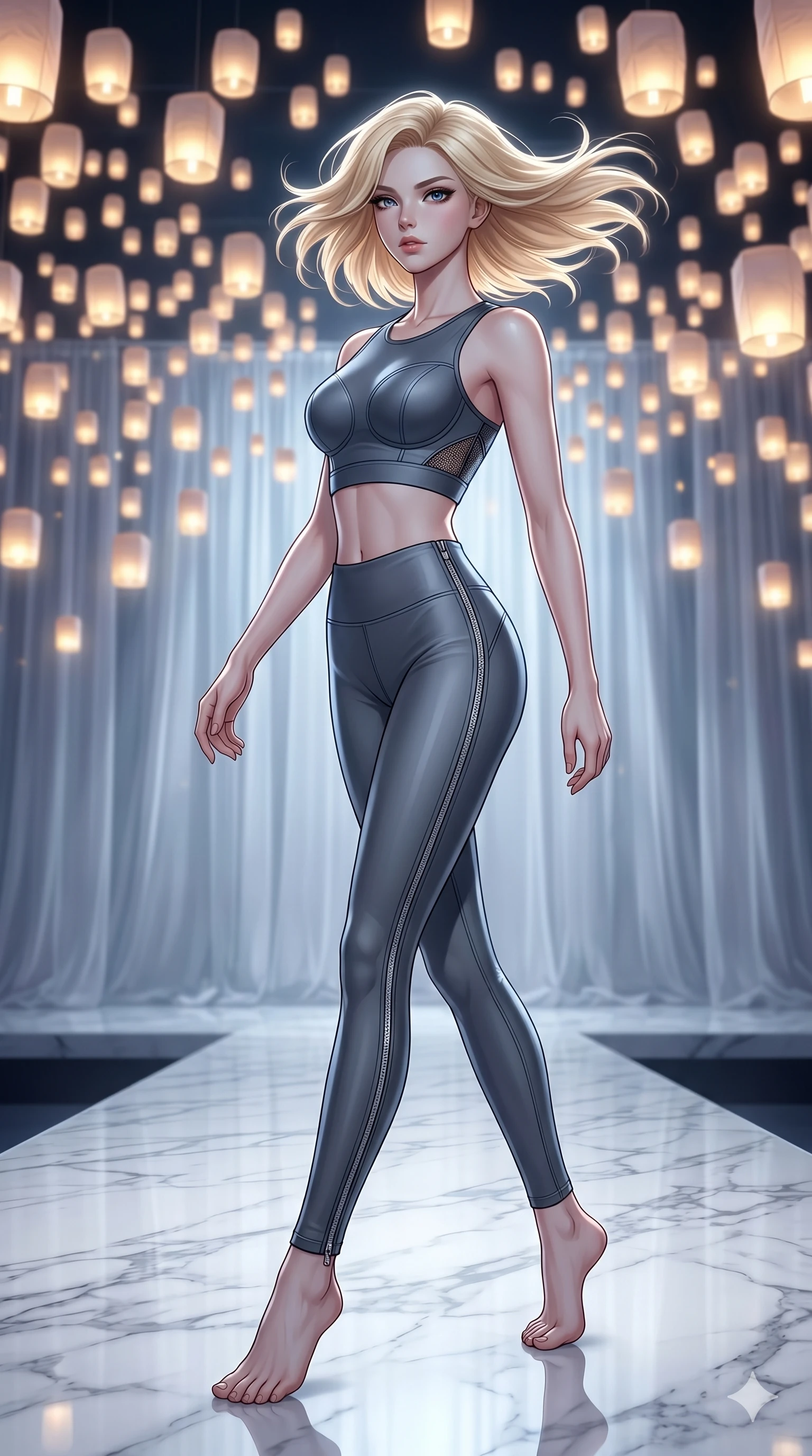 score_9, masterpiece, best quality, ultra-detailed, high-budget anime keyframe, editorial fashion photography, tasteful artistic composition, Caucasian woman, strictly human ears. low angle full-body shot from head to toe showing her feet, filling the entire 9:16 vertical frame with her statuesque presence, stretching her vertical silhouette. Pivoting sharply mid-step with hair sweeping dramatically behind on a runway of polished white marble under a canopy of thousands of floating luminous lanterns. She has an absolutely perfect 8-heads proportion, an exceptionally tall and slender female figure with impossibly long slender legs and an ultra-slim waist. V-shaped jawline, high-bridge nose, intricate jewel-like eyes with depth, thick eyelashes, glossy lips with a natural sheen. wearing a high-performance fitted crop sports top in deep chrome grey with sculpted structured cups and a bold graphic mesh insert at the sides, paired with matching high-waist compression leggings with side chrome zip details. bathed in cold silver moonlight filtered through translucent gossamer curtains casting soft shadows on her curves. 2k, ultra detail, master piece, 9:16 ratio