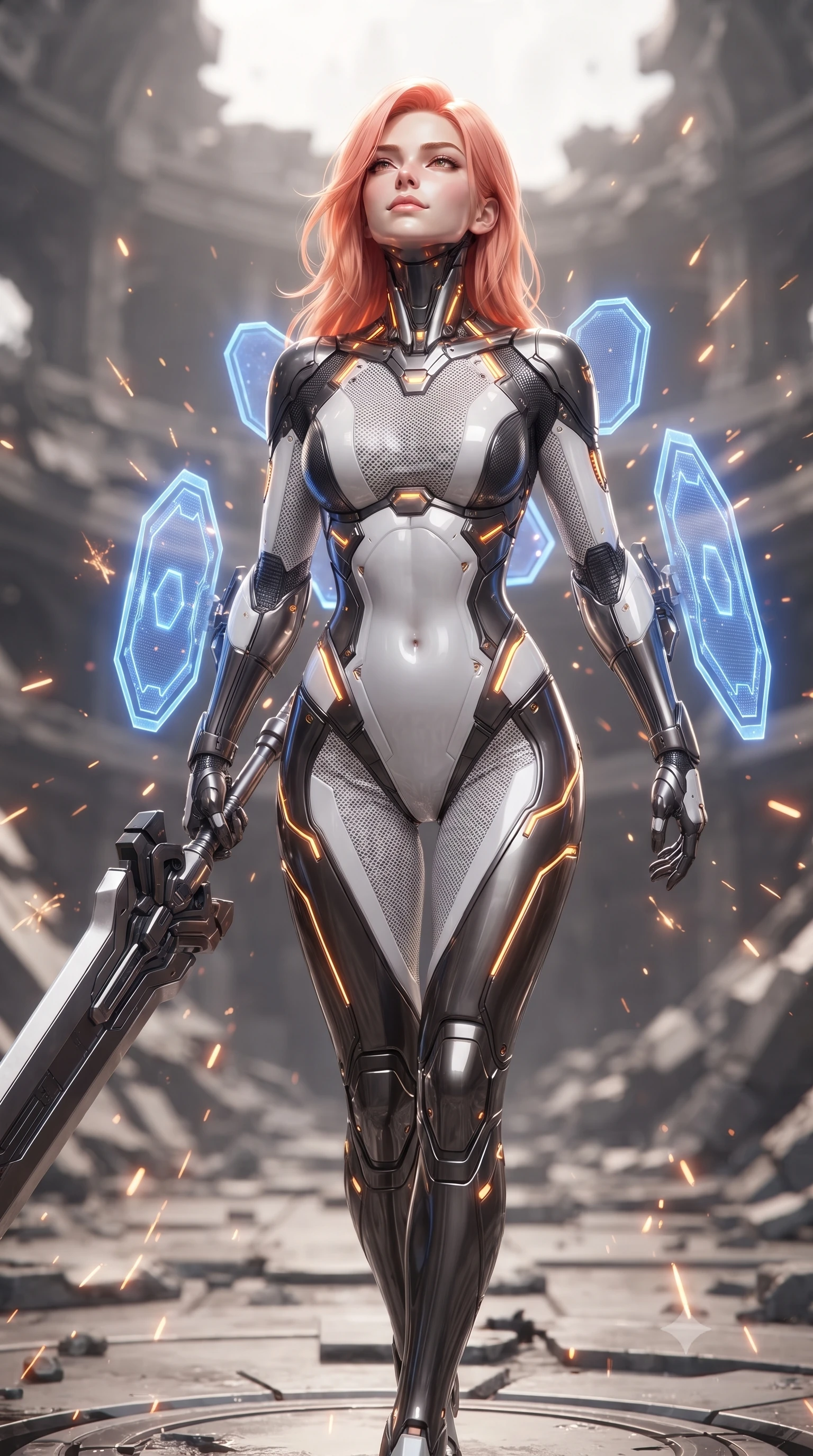 score_9, masterpiece, best quality, ultra-detailed, high-budget anime keyframe, editorial fashion photography, tasteful artistic composition, Japanese woman. close-up cowboy shot from the waist and thighs up, the character dominates the composition, filling the frame with her large presence. tilting her head back with serene regal elegance, her sharp jawline and sculpted collarbones highlighted by glowing weapon energy reflections while striding forward across the ruined arena floor with greatsword held in one hand with effortless supermodel strength. The composition keeps background elements in soft focus with creamy bokeh. sparks and glowing sword glyphs scattering radiant light motes across a ruined futuristic backdrop. She has an exceptionally elegant, slender, and willowy female figure with an ultra-slim waist, a gracefully sculpted slender torso, toned flat midriff, and a refined slim silhouette. sharp v-shaped jawline, high-bridge nose, intricate jewel-like eyes with depth, thick eyelashes, glossy lips with a natural sheen, flawlessly proportioned anatomical accuracy, strict slender model proportions, natural body alignment, perfectly sculpted long slender limbs, ultra-slim waistline, clean dynamic posture without body distortion. wearing a high-contrast monochrome white-and-black carbon-composite exoskeleton suit with glowing amber circuitry, deploying floating hexagonal holographic energy shields with sovereign grace in electric cobalt blue carbon with polished platinum trim, tailored from flexible second-skin carbon-mesh that clings flawlessly to her athletic curves, accented with glowing fiber-optic conduits tracing her collarbones and hip curves, the glove-like aerodynamic second-skin fit tightly clinging to her ultra-slender waist and athletic curves without adding bulk, accentuating her razor-sharp statuesque lines and slim hourglass silhouette. surrounded by an invincible, royal, and fiercely captivating cyber-gladiator empress aura. ultra-reflective glossy finish, specular highlights, dark metallic sheen, high-contrast stereoscopic depth, volumetric dynamic lighting, 2k, ultra detail, master piece, 9:16 ratio