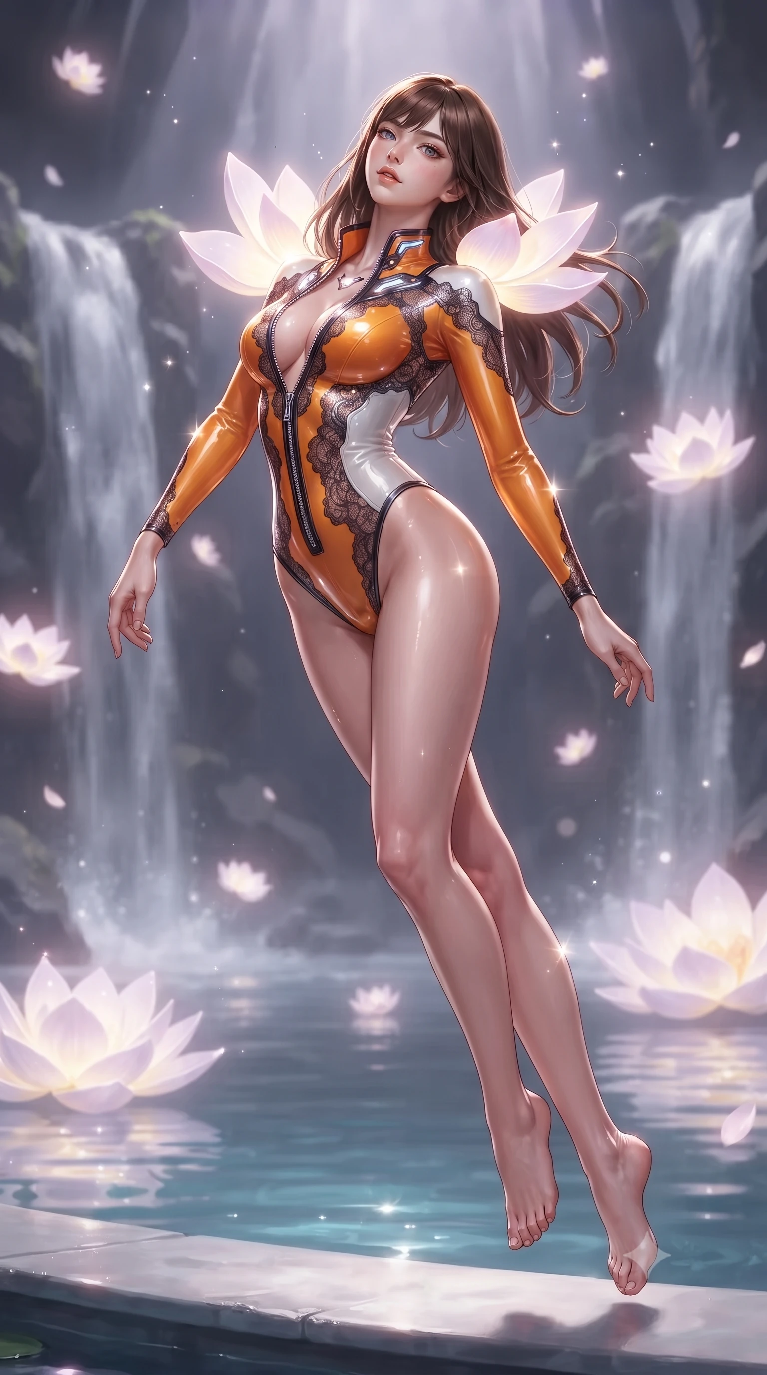 score_9, masterpiece, best quality, ultra-detailed, high-budget anime keyframe, editorial fashion photography, tasteful artistic composition, Korean woman. low angle full-body shot from head to toe showing her feet, filling the entire 9:16 vertical frame with her statuesque presence, stretching her vertical silhouette. leaping through mid-air with an athletic yet alluring arch of her spine, her impossibly long slender legs stretched in flawless poise while reclining along the edge of a sacred pool as gigantic glowing pearl lotus petals ripple light across her bare shoulders. The composition keeps background elements in soft focus with creamy bokeh. cascading silver waterfalls and glowing pearl lotus petals blurred into smooth, dreamy white and violet bokeh. She has an absolutely perfect, statuesque 8.5-heads proportion, an exceptionally tall and slender model-like female figure with impossibly long slender legs, a toned flat midriff, and an ultra-slim waist. sharp v-shaped jawline, high-bridge nose, intricate jewel-like eyes with depth, thick eyelashes, glossy lips with a natural sheen, flawlessly proportioned anatomical accuracy, strict slender model proportions, natural body alignment, perfectly sculpted long slender limbs, ultra-slim waistline, clean dynamic posture without body distortion. wearing a glossy white second-skin latex bodysuit with high-thigh cuts, exposed clavicle neckline, and gleaming zipper details in vivid sunset amber orange and cloud white, crafted from delicate dark lace interwoven with luminescent micro-fibers, featuring a dangerously unzipped neckline framed by glowing cybernetic accents, the form-contouring material adhering flawlessly to her sculpted flat midriff and slender torso, emphasizing her long leg lines and perfectly proportioned willowy build. illuminated by soft glowing pearl lotus uplights and sparkling specular highlights tracing her curves. ultra-reflective glossy finish, specular highlights, metallic sheen, high-contrast stereoscopic depth, volumetric dynamic lighting, 2k, ultra detail, master piece, 9:16 ratio