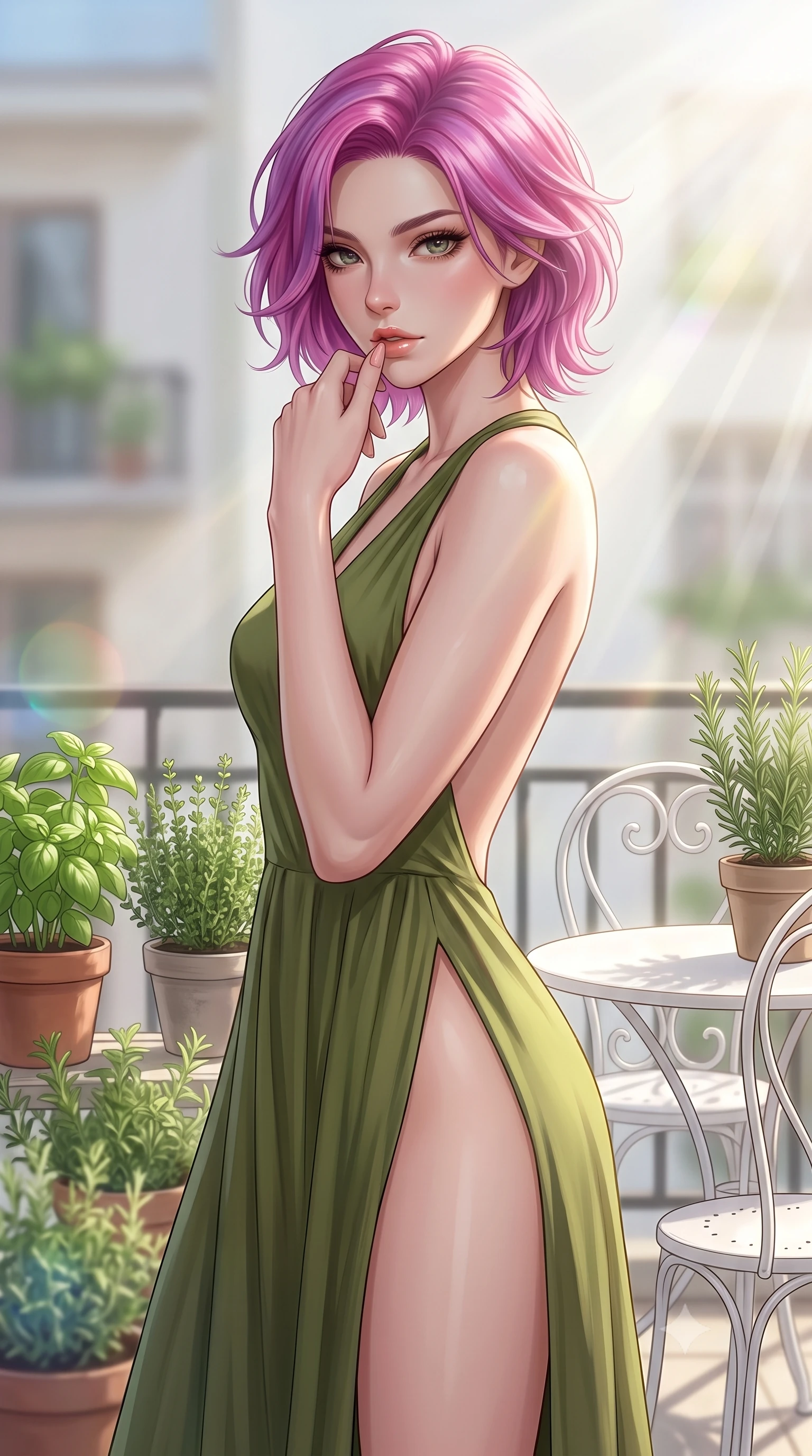 score_9, masterpiece, best quality, ultra-detailed, high-budget anime keyframe, editorial fashion photography, tasteful artistic composition, Caucasian woman woman. close-up cowboy shot from the waist and thighs up, the character dominates the composition, filling the frame with her large presence, background elements kept in soft focus. pressing one finger to her bottom lip in a thoughtful, seductive gesture under the warm sun the background shows a soft-focus a residential balcony decorated with potted herbs and a small white bistro set. She has an exceptionally elegant, slender, and willowy female figure with an ultra-slim waist, a gracefully sculpted slender torso, and a refined silhouette. sharp v-shaped jawline, high-bridge nose, intricate jewel-like eyes with depth, thick eyelashes, glossy lips with a natural sheen. wearing a tailored dramatic open-back maxi dress in olive green, featuring a high thigh slit. bright morning sun rays creating a fresh and energetic mood. 2k, ultra detail, master piece, 9:16 ratio