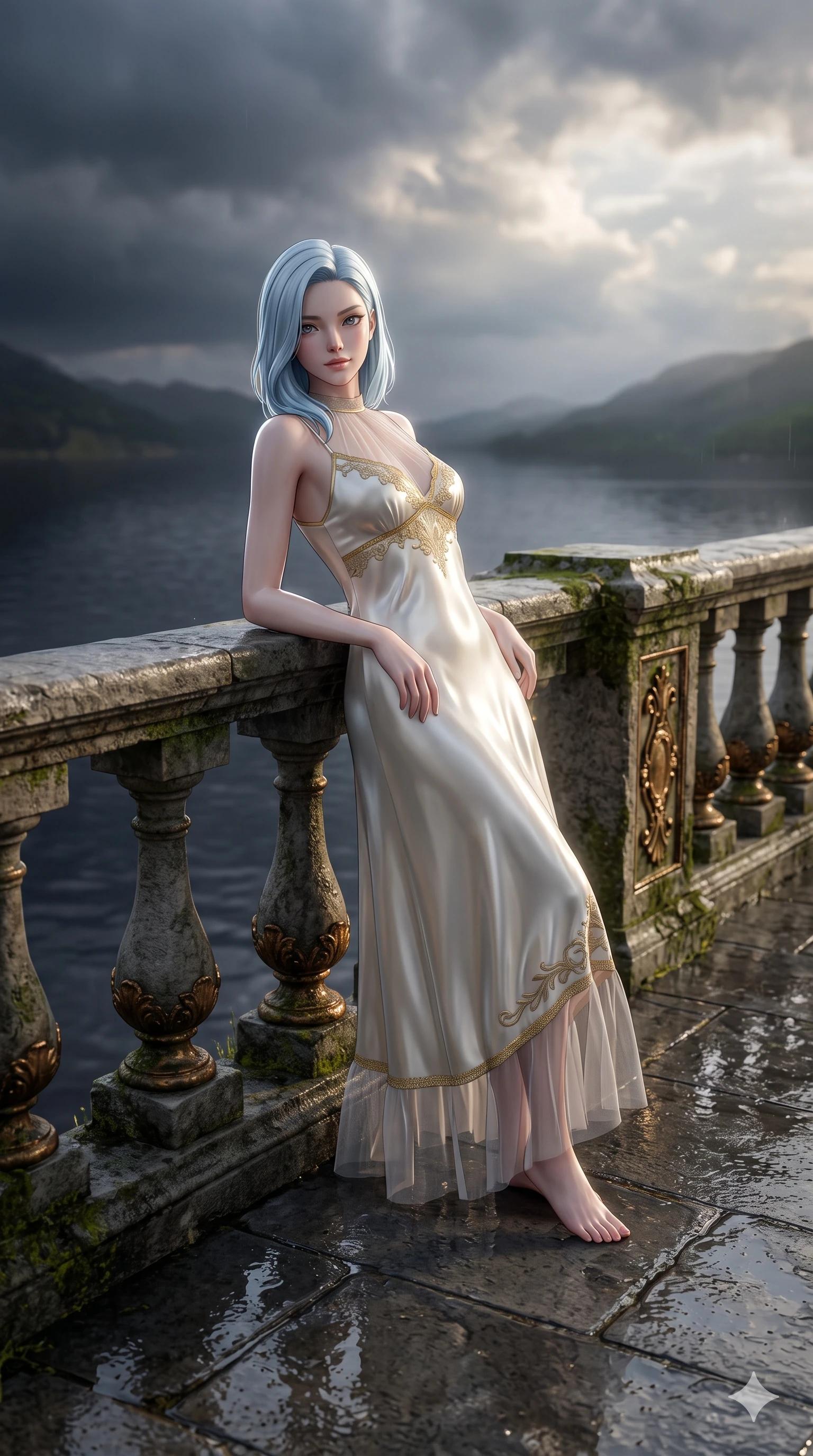 score_9, masterpiece, best quality, ultra-detailed, high-budget anime keyframe, semi-realistic 3D game render, editorial fashion photography, tasteful artistic composition, Korean woman. close-up cowboy shot from the waist and thighs up, the character dominates the composition, filling the frame with her large presence. leaning back against the balustrade with relaxed seductive grace, head tilted back slightly while casting a hypnotic, heavy-lidded gaze while leaning deep against the parapet edge with hips cocked back, looking out over the dark loch as storm clouds part with smoldering bedroom-eyes. The surrounding environment is rendered in vivid detail and crisp panoramic clarity: sharp wet basalt flagstone puddle reflections, ancient bronze cannon patina, and crisp masonry bevels in deep focus. She has an exceptionally elegant, slender, and willowy female figure with an ultra-slim waist, flat toned midriff, narrow ribcage, and sculpted feminine hips creating an alluring, slim hourglass silhouette without bulk. sharp v-shaped jawline, high-bridge nose, intricate jewel-like eyes with depth, thick eyelashes, glossy parted lips with a natural sheen, intensely captivating and seductive bedroom-eyes expression, flawlessly proportioned anatomical accuracy, strict slender model proportions, natural body alignment, perfectly sculpted long slender limbs, ultra-slim waistline, clean dynamic posture without body distortion. wearing a plunge-front sheer illusion tulle slip dress with liquid platinum ribbon stripes hugging her curves in pure alabaster white and sun-kissed gold, crafted from fluid liquid silk satin that clings smoothly to her narrow waist and rounded hips with a dewy sheen, featuring fine criss-cross lace-up side ties revealing tantalizing glimpses of her hip curve, the precision-cut side openings and low-back scoop framing her graceful spine and the sensual sweep of her slim, toned hips. bathed in high-contrast dramatic sky illumination with crisp silver rim lights sculpting her jawline, narrow waist, and curvy hips. highly saturated vibrant anime colors, detailed shading with soft gradients, rich glossy textures, high-contrast stereoscopic depth, volumetric dynamic lighting, master piece, 9:16 ratio