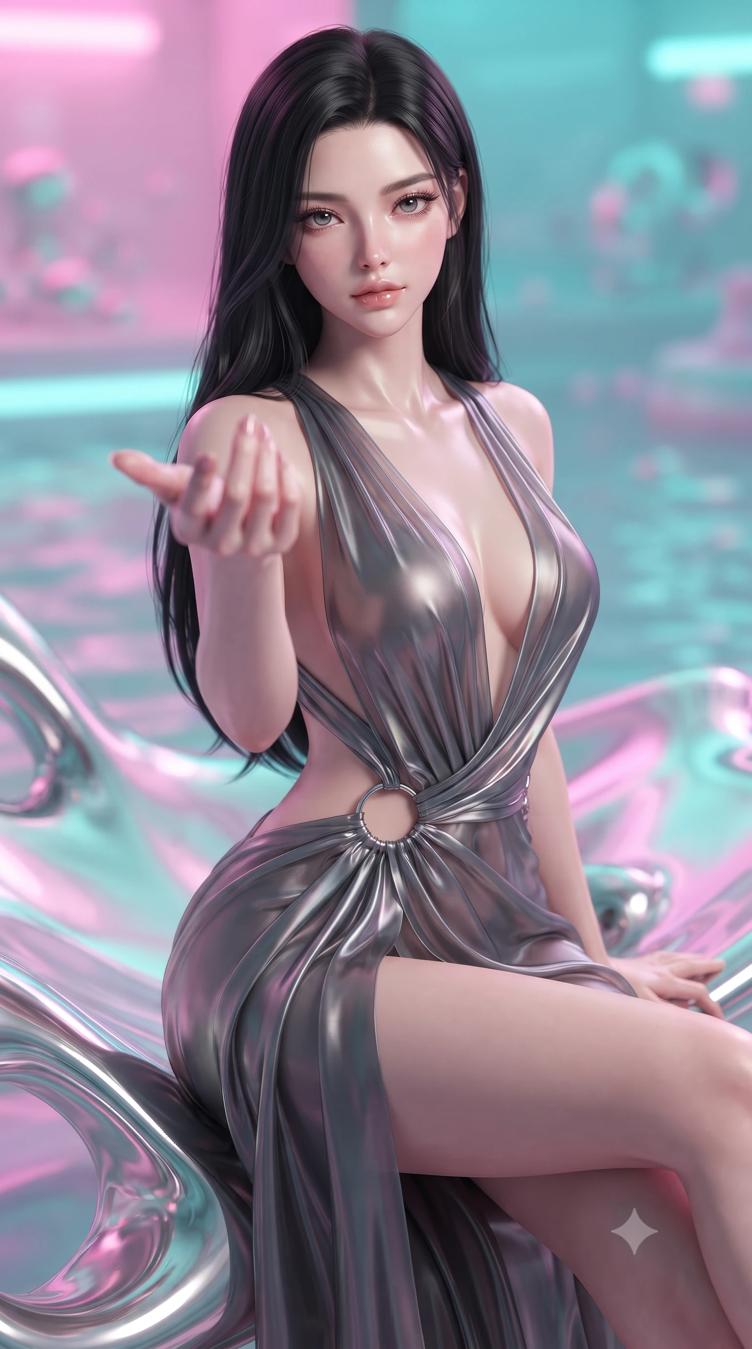 score_9, masterpiece, best quality, ultra-detailed, high-budget anime keyframe, editorial fashion photography, tasteful artistic composition, Korean woman. close-up cowboy shot from the waist and thighs up, the character dominates the composition, filling the frame with her large presence, background elements kept in soft focus. Reaching her hand gracefully toward the camera with magnetic allure, her torso turning in a dynamic S-curve alignment while pivoting her torso in an S-curve alignment on a reflective liquid mercury reef, pastel pink and turquoise gradients creating a nostalgic 80s aesthetic. She has an exceptionally elegant, slender, and willowy female figure with an ultra-slim waist, a gracefully sculpted slender torso, and a refined silhouette. sharp v-shaped jawline, high-bridge nose, intricate jewel-like eyes with depth, thick eyelashes, glossy lips with a natural sheen, flawlessly proportioned anatomical accuracy, natural body alignment, perfectly sculpted elegant limbs, clean dynamic posture without body distortion. wearing a translucent iridescent chiffon gown with a plunging neckline and open back in charcoal grey and platinum, crafted from lustrous satin jersey with fluid draping, accented with delicate chrome ring hardware framing her waist, the elegant draped fit framing her graceful clavicle and slender torso. bathed in soft pastel pink and turquoise neon glow with glossy chrome reflections. ultra-reflective glossy finish, specular highlights, metallic sheen, high-contrast stereoscopic depth, volumetric dynamic lighting, 2k, ultra detail, master piece, 9:16 ratio