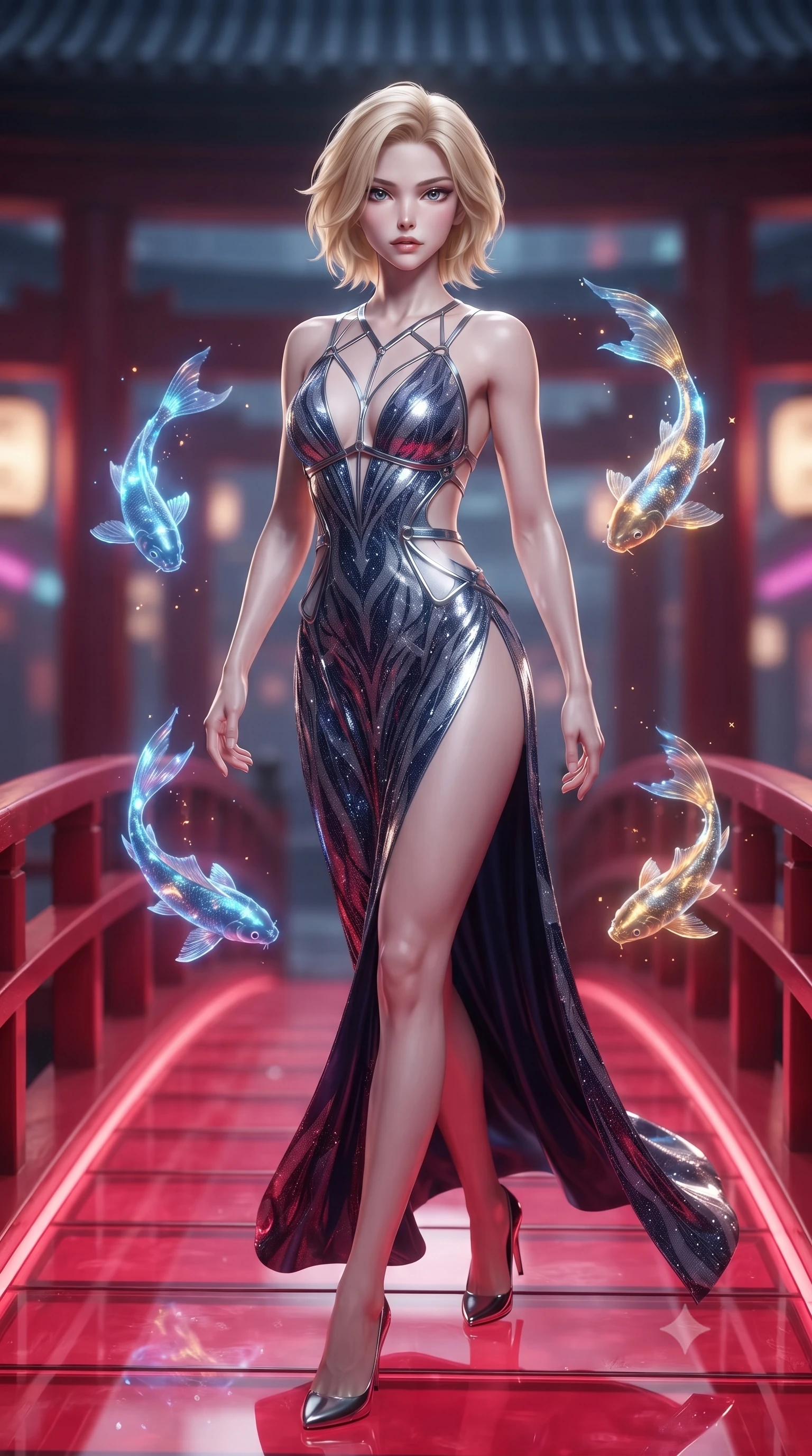 score_9, masterpiece, best quality, ultra-detailed, high-budget anime keyframe, editorial fashion photography, tasteful artistic composition, Caucasian woman. close-up cowboy shot from the waist and thighs up, the character dominates the composition, filling the frame with her large presence. gazing forward with divine sovereign poise, captivating jewel-like eyes shining with transcendent luminescence and alluring grace while stepping along a curved crimson glass bridge as holographic koi swim through the air around her slender silhouette. The composition keeps background elements in soft focus with creamy bokeh. traditional futuristic lacquered arches and neon bridges softened by shallow cinematic depth of field. She has an exceptionally elegant, slender, and willowy female figure with an ultra-slim waist, a gracefully sculpted slender torso, toned flat midriff, and a refined slim silhouette. sharp v-shaped jawline, high-bridge nose, intricate jewel-like eyes with depth, thick eyelashes, glossy lips with a natural sheen, flawlessly proportioned anatomical accuracy, strict slender model proportions, natural body alignment, perfectly sculpted long slender limbs, ultra-slim waistline, clean dynamic posture without body distortion. wearing a backless molten silver liquid-metal gown with a high-cut side slit and precision-fitted waist boning in deep midnight navy blue and pure starlight chrome, crafted from delicate iridescent organza interwoven with luminescent micro-fibers, reinforced by a sleek metallic chrome harness and delicate glowing micro-straps, the sleek second-skin cut tightly hugging her graceful clavicle, narrow waist, and feminine curves with athletic precision. illuminated by crisp white key light and sharp specular highlights tracing her sculpted silhouette. ultra-reflective glossy finish, specular highlights, dark metallic sheen, high-contrast stereoscopic depth, volumetric dynamic lighting, 2k, ultra detail, master piece, 9:16 ratio