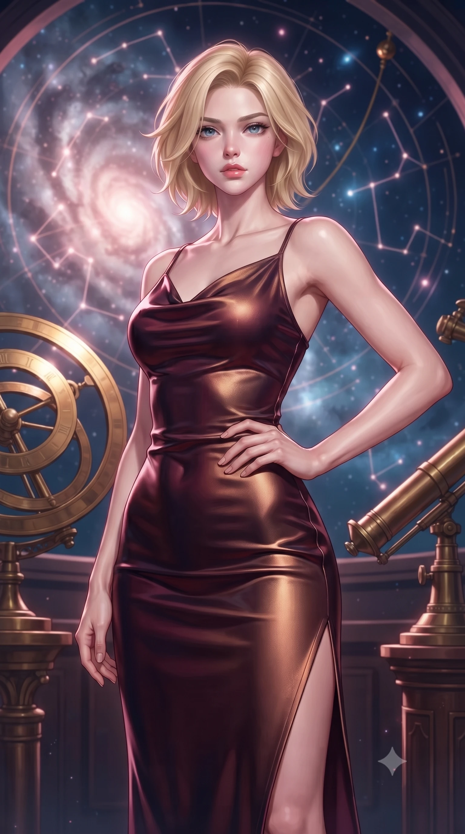 score_9, masterpiece, best quality, ultra-detailed, high-budget anime keyframe, editorial fashion photography, tasteful artistic composition, Caucasian woman. close-up cowboy shot from the waist and thighs up, the character dominates the composition, filling the frame with her large presence, background elements kept in soft focus. Holding a confident power pose with one hand on her hip, gazing directly into the camera with quiet intensity inside a floating cosmic observatory with golden astrolabe rings, glowing constellation lines tracing intricate patterns nearby. She has an exceptionally elegant, slender, and willowy female figure with an ultra-slim waist, a gracefully sculpted slender torso, and a refined silhouette. sharp v-shaped jawline, high-bridge nose, intricate jewel-like eyes with depth, thick eyelashes, glossy lips with a natural sheen. wearing an elegant cowl-neck satin midi dress with a draped neckline in deep burgundy and bronze, made of premium stretch velvet with a rich sheen, finished with a sleek side slit ascending to mid-thigh, the sleek second-skin texture accentuating her magnetic presence. bathed in radiant cosmic pink and deep navy blue ambient light. ultra-reflective glossy finish, specular highlights, metallic sheen, high-contrast stereoscopic depth, volumetric dynamic lighting, 2k, ultra detail, master piece, 9:16 ratio