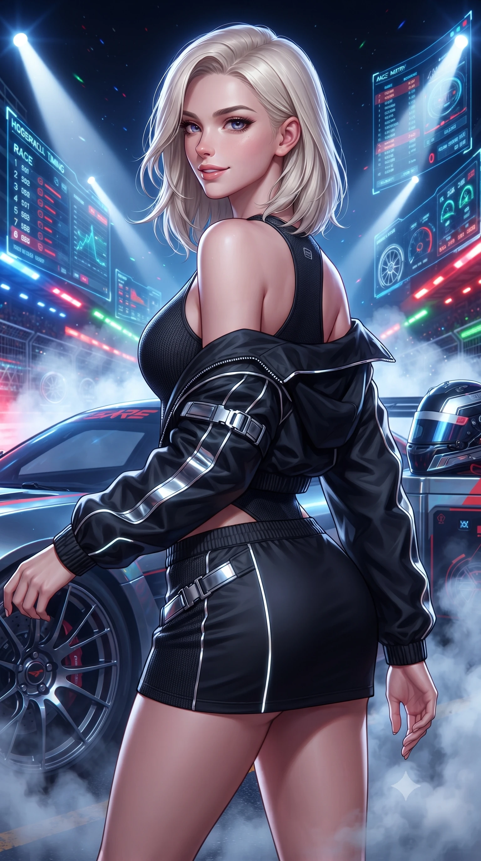 score_9, masterpiece, best quality, ultra-detailed, high-budget anime keyframe, editorial fashion photography, tasteful artistic composition, Caucasian woman. close-up cowboy shot from the waist and thighs up, the character dominates the composition, filling the frame with her large presence. turning over a bare shoulder with an intoxicating, teasing smile, her soft hair framing her sharp jawline as she looks back while stepping forward with proud runway strides amidst rising tire smoke, her statuesque vertical presence commanding the frame. The surrounding environment is rendered in vivid detail and crisp panoramic clarity. detailed holographic timing displays, alloy wheel spokes, and high-tech racing helmet in high clarity. She has an exceptionally elegant, slender, and willowy female figure with an ultra-slim waist, a gracefully sculpted slender torso, toned flat midriff, and a refined slim silhouette. sharp v-shaped jawline, high-bridge nose, intricate jewel-like eyes with depth, thick eyelashes, glossy parted lips with a natural sheen, intensely captivating and seductive expression, flawlessly proportioned anatomical accuracy, strict slender model proportions, natural body alignment, perfectly sculpted long slender limbs, ultra-slim waistline, clean dynamic posture without body distortion. wearing a sporty high-cut racerback bodysuit paired with an open technical windbreaker and micro-skirt in pitch-black vinyl and specular chrome trim, crafted from compression knit fabric sculpting her athletic hourglass lines, finished with quick-release titanium buckles and neon-reflective piping, the athletic second-skin cut highlighting her toned flat midriff and slender model proportions during dynamic action. bathed in dynamic color-shifting LED race lights and sweeping white spotlight fill. ultra-reflective glossy finish, specular highlights, rich textural contrasts, high-contrast stereoscopic depth, volumetric dynamic lighting, 2k, ultra detail, master piece, 9:16 ratio
