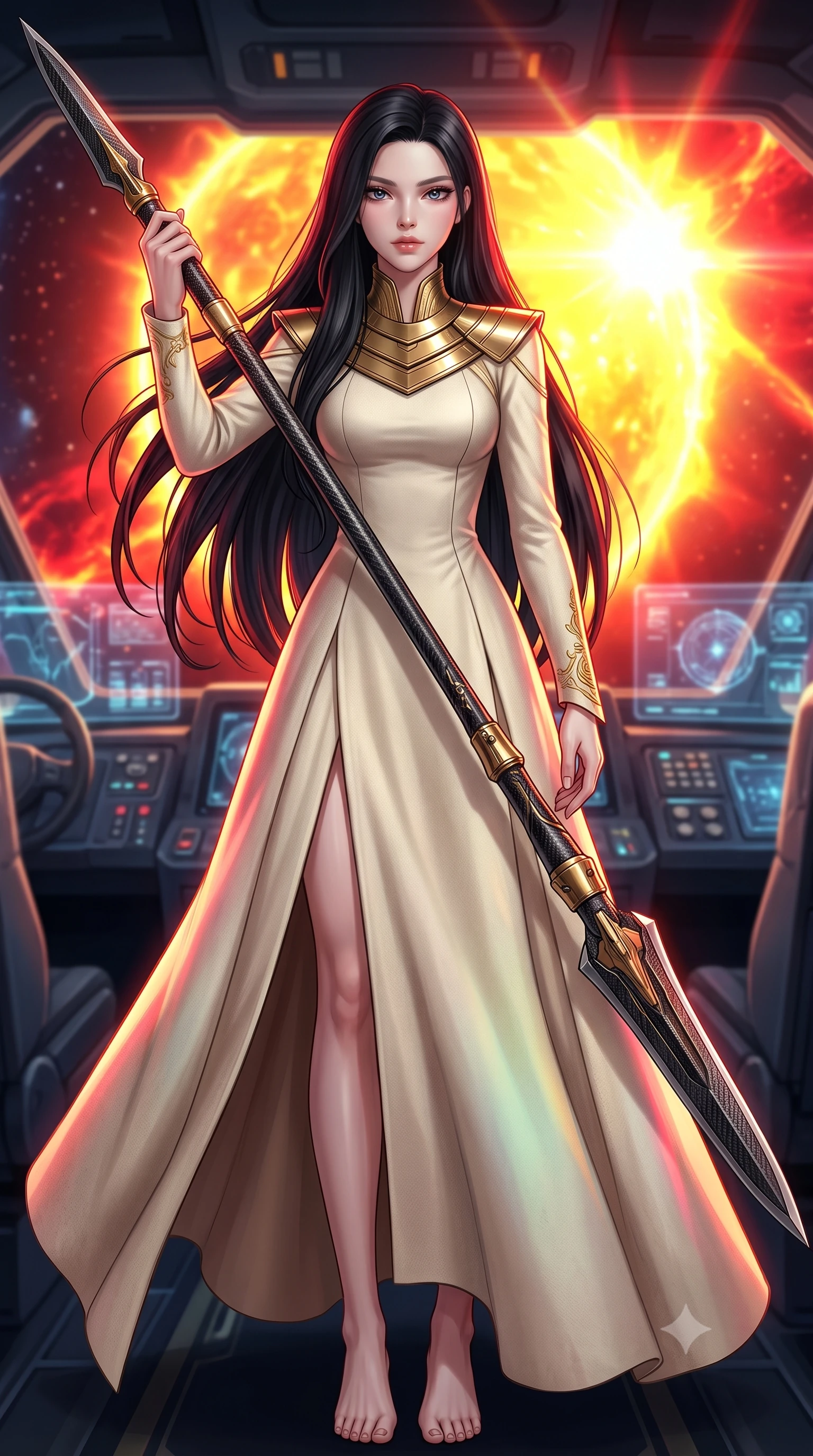 score_9, masterpiece, best quality, ultra-detailed, high-budget anime keyframe, editorial fashion photography, tasteful artistic composition, Korean woman. low angle full-body shot from head to toe showing her feet, filling the entire 9:16 vertical frame with her statuesque presence, stretching her vertical silhouette. standing in a dynamic combat stance with a carbon-fiber spear held diagonally, stretching her statuesque body, the background shows a soft-focus a high-tech pilot cockpit facing a blinding solar storm in orbit. She has an absolutely perfect, statuesque 8.5-heads proportion, an exceptionally tall and slender model-like female figure with impossibly long slender legs and an ultra-slim waist. sharp v-shaped jawline, high-bridge nose, intricate jewel-like eyes with depth, thick eyelashes, glossy lips with a natural sheen. wearing a tailored elegant stellar senator gown in heavy cream wool, featuring structured metallic gold collar guards and long sleeves. intense yellow and crimson light flares from the sun casting dynamic reflections. highly saturated vibrant anime colors, detailed shading with soft gradients, rich glossy textures, high-contrast stereoscopic depth, volumetric dynamic lighting, master piece, 9:16 ratio