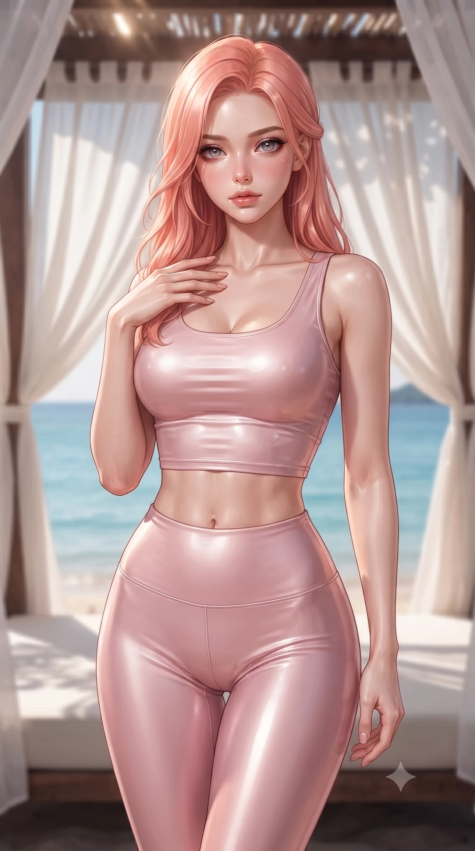 score_9, masterpiece, best quality, ultra-detailed, high-budget anime keyframe, editorial fashion photography, tasteful artistic composition, Japanese woman woman. close-up cowboy shot from the waist and thighs up, the character dominates the composition, filling the frame with her large presence, background elements kept in soft focus. standing with one hand resting on her collarbone, looking at the viewer with bedroom-eyes the background shows a soft-focus a beach cabana with white fabric curtains, overlooking a serene blue lagoon. She has an exceptionally elegant, slender, and willowy female figure with an ultra-slim waist, a gracefully sculpted slender torso, and a refined silhouette. sharp v-shaped jawline, high-bridge nose, intricate jewel-like eyes with depth, thick eyelashes, glossy lips with a natural sheen. wearing a slim-fit body-hugging light pink crop tank top paired with high-waisted tight-fitting leggings. dappled sunlight filtering through the cabana roof and drapes. ultra-reflective glossy finish, specular highlights, metallic sheen, high-contrast stereoscopic depth, volumetric dynamic lighting, 2k, ultra detail, master piece, 9:16 ratio