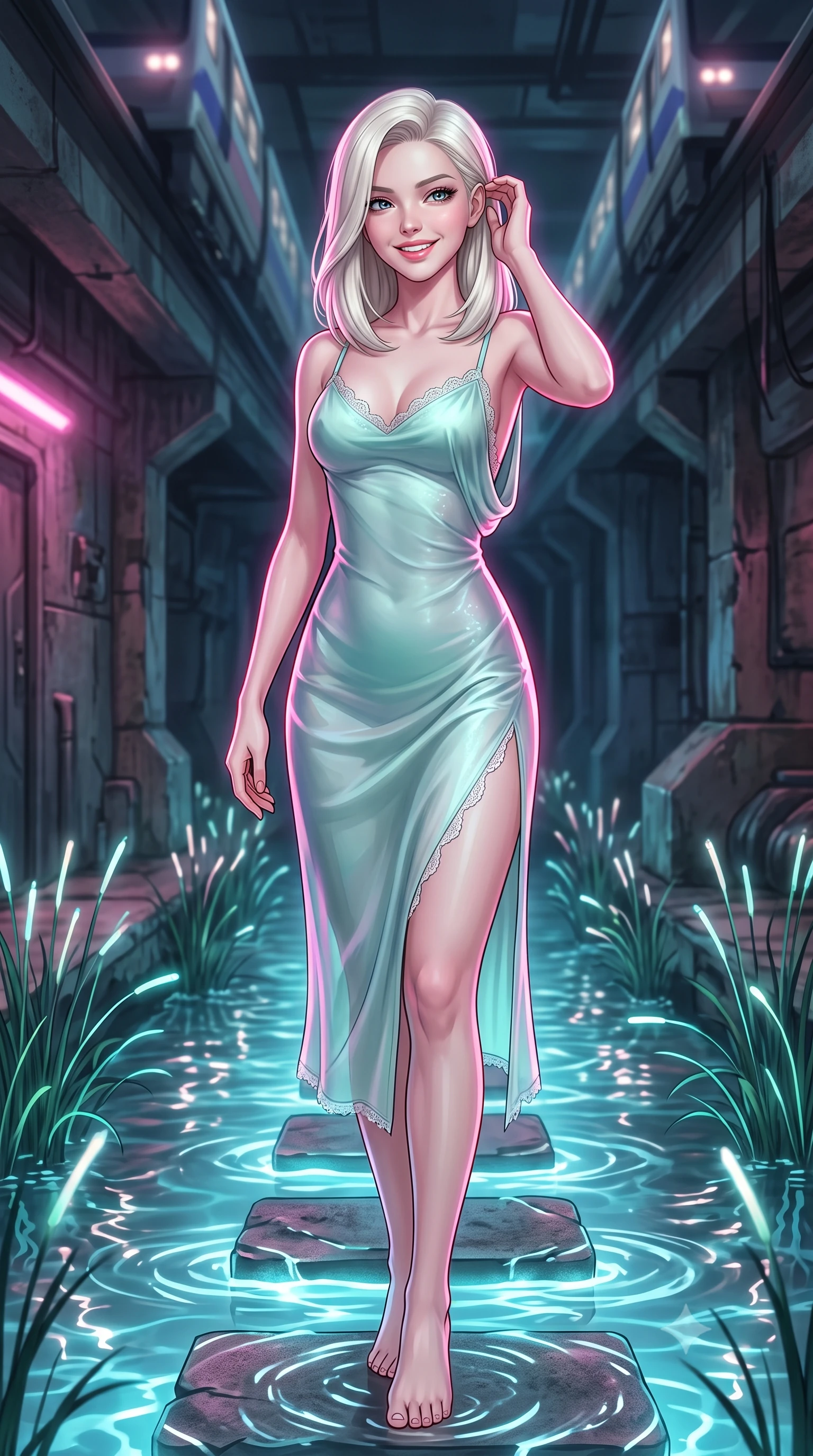 score_9, masterpiece, best quality, ultra-detailed, high-budget anime keyframe, semi-realistic 3D game render, editorial fashion photography, tasteful artistic composition, Caucasian woman. close-up cowboy shot from the waist and thighs up, the character dominates the composition, filling the frame with her large presence. gently brushing a lock of hair behind her ear while casting a playful, flirtatious side-gaze with long eyelashes while standing poised on the illuminated stepping stones across the glowing subterranean stream, arching her spine with seductive grace as maglev trains rumble overhead. The surrounding environment is rendered in vivid detail and crisp panoramic clarity: sharp water ripple reflections on stepping stones, weathered cyber-concrete textures, and fiber-optic reed stems in deep focus. She has an exceptionally elegant, slender, and willowy female figure with an ultra-slim waist, flat toned midriff, narrow ribcage, and sculpted feminine hips creating an alluring, slim hourglass silhouette without bulk. sharp v-shaped jawline, high-bridge nose, intricate jewel-like sparkling eyes with depth, thick eyelashes, glossy parted lips with a natural peach sheen, bright cheerful beaming smile with an enchanting and coquettish sensual glint, exuding both youthful cute charm and seductive allure, flawlessly proportioned anatomical accuracy, strict slender model proportions, natural body alignment, perfectly sculpted long slender limbs, ultra-slim waistline, clean dynamic posture without body distortion. wearing a form-contouring gossamer silk chiffon slip dress with a hip-high slit and open cowl back clinging with dewy moisture in polar aurora jade and starlight platinum, crafted from bespoke double-faced cashmere with an exceptionally soft tactile finish, finished with scalloped eyelash lace trim framing her sweetheart neckline with intimate elegance, the form-contouring silhouette accentuating her sculpted flat midriff, narrow delicate ribcage, and gracefully curvy hips with intoxicating allure. illuminated by canal water reflection bounce and sharp neon-pink rim lights sculpting her jawline, narrow waist, and curvy hips. highly saturated vibrant anime colors, detailed shading with soft gradients, rich glossy textures, high-contrast stereoscopic depth, volumetric dynamic lighting, master piece, 9:16 ratio