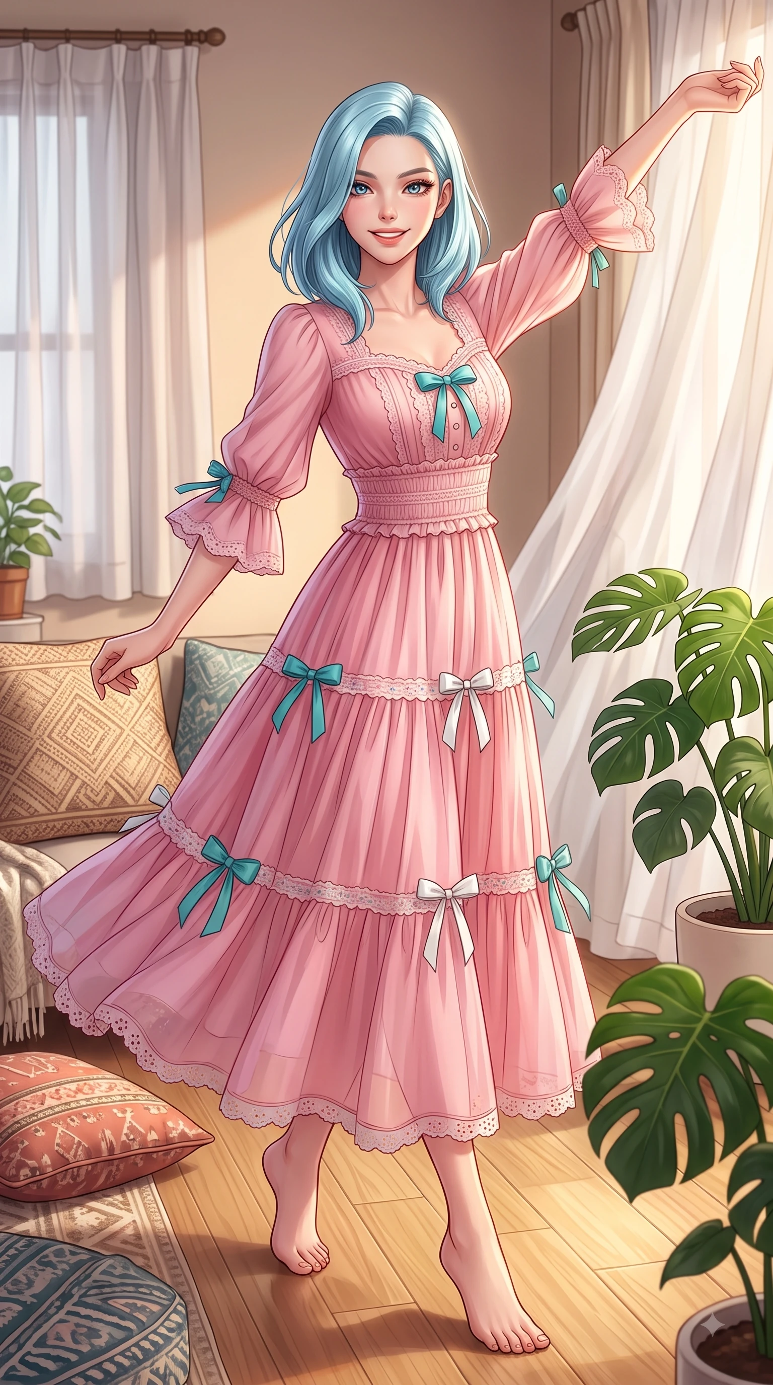 score_9, masterpiece, best quality, ultra-detailed, high-budget anime keyframe, editorial fashion photography, tasteful artistic composition, Korean woman. close-up cowboy shot from the waist and thighs up, the character dominates the composition, filling the frame with her large presence. Extending one arm in an elegant stretch toward the light while smiling with vibrant, youthful self-assurance while stepping gracefully across a light oak floor as soft white curtains flutter in a gentle morning breeze. The surrounding environment is rendered in vivid detail and crisp panoramic clarity. intricate cushion fabrics, potted Monstera leaves, and warm sunlit hardwood floors in deep focus. She has an exceptionally elegant, slender, and willowy female figure with an ultra-slim waist, a gracefully sculpted slender torso, and a refined silhouette. sharp v-shaped jawline, high-bridge nose, intricate jewel-like eyes with depth, thick eyelashes, glossy lips with a natural sheen, flawlessly proportioned anatomical accuracy, natural body alignment, perfectly sculpted elegant limbs, clean dynamic posture without body distortion. wearing a romantic pink tiered chiffon maxi dress decorated with delicate bow ribbons in ocean turquoise and sea-salt white, woven with delicate eyelet lace and soft cotton, accented with soft smocked details and fluttery cuffs, the soft airy drape swaying gracefully with her dynamic movements. illuminated by cozy ambient indoor glow and clean natural sunlight. highly saturated vibrant anime colors, detailed shading with soft gradients, rich glossy textures, high-contrast stereoscopic depth, volumetric dynamic lighting, master piece, 9:16 ratio