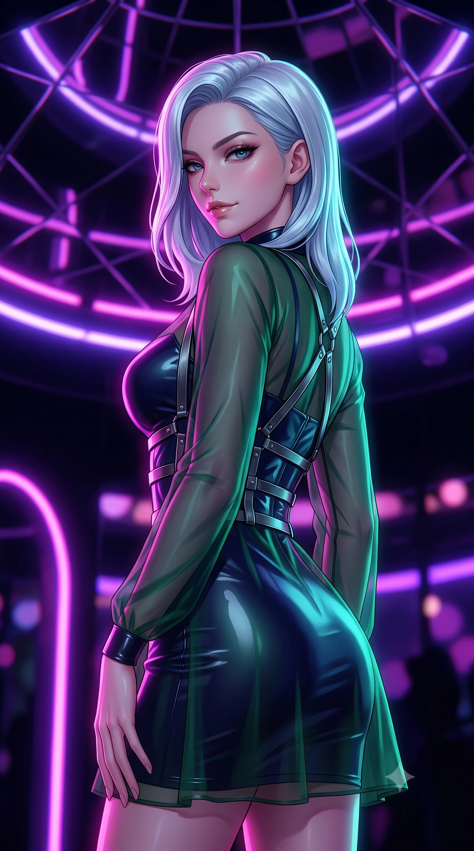 score_9, masterpiece, best quality, ultra-detailed, high-budget anime keyframe, editorial fashion photography, tasteful artistic composition, Korean woman. close-up cowboy shot from the waist and thighs up, the character dominates the composition, filling the frame with her large presence, background elements kept in soft focus. Glancing sidelong over her shoulder with a smoldering, enigmatic half-smile, standing under a mirror ceiling reflecting glowing violet and magenta neon arcs, glove-like fit liquid vinyl dress highlighting her ultra-slim waist. She has an exceptionally elegant, slender, and willowy female figure with an ultra-slim waist, a gracefully sculpted slender torso, and a refined silhouette. sharp v-shaped jawline, high-bridge nose, intricate jewel-like eyes with depth, thick eyelashes, glossy lips with a natural sheen. wearing glove-like fit dark navy latex bodycon mini dress in deep emerald green, made of sheer dark organza overlay, highlighted by a gunmetal metallic harness structure, the fitted fabric emphasizing her ultra-slim waist. illuminated by vibrant magenta and cyan neon rim light against pitch-black leather. highly saturated vibrant anime colors, detailed shading with soft gradients, rich glossy textures, high-contrast stereoscopic depth, volumetric dynamic lighting, master piece, 9:16 ratio