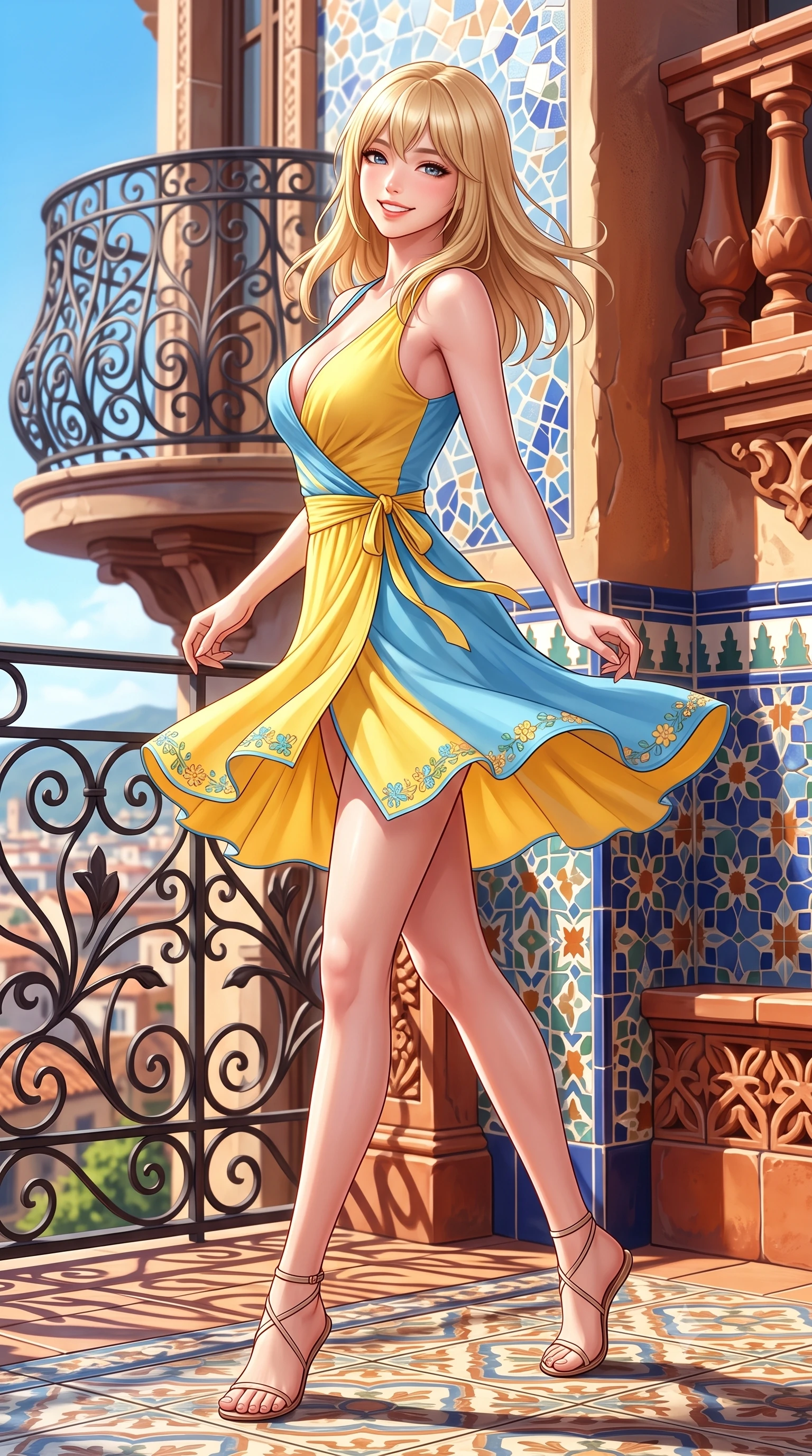 score_9, masterpiece, best quality, ultra-detailed, high-budget anime keyframe, semi-realistic 3D game render, editorial fashion photography, tasteful artistic composition, Japanese woman. low angle full-body shot from head to toe showing her feet, filling the entire 9:16 vertical frame with her statuesque presence, stretching her vertical silhouette. executing a cheerful mid-motion pivot turn as her skirt flutters around her slender legs, glancing over her shoulder with an intoxicating, teasing cute expression while twisting her slender torso in an alluring S-curve as warm Catalan afternoon breezes flutter her silk wrap dress. The surrounding environment is rendered in vivid detail and crisp panoramic clarity. sharp ceramic mosaic glaze reflections, wrought-iron floral scrollwork, and balcony floor tiles in deep focus. She has an exceptionally tall and slender model-like 8.5-heads proportion, an ultra-slim waist, a flat toned midriff, narrow delicate ribcage, and beautifully sculpted feminine hips creating a graceful, slim hourglass silhouette without any bulky heaviness, with impossibly long slender legs. sharp v-shaped jawline, high-bridge nose, intricate jewel-like sparkling eyes with depth, thick eyelashes, glossy parted lips with a natural peach sheen, bright cheerful beaming smile with an enchanting and coquettish sensual glint, exuding both youthful cute charm and seductive allure, flawlessly proportioned anatomical accuracy, strict slender model proportions, natural body alignment, perfectly sculpted long slender limbs, ultra-slim waistline, clean dynamic posture without body distortion. wearing a breezy wrap mini dress with a deep V-neckline and tie-waist accentuating her sculpted flat midriff and hips in sunny daffodil yellow and clear sky blue, crafted from liquid-tight stretch jersey emphasizing every curve, complemented by delicate embroidered floral trim along the hem, the form-fitting cut adhering flawlessly to her sculpted flat midriff and slender torso, emphasizing her long leg lines and perfectly proportioned willowy build. illuminated by warm terracotta wall bounce fill sharply defining her sculpted collarbones, ultra-slim waist, and curvy hips. highly saturated vibrant anime colors, detailed shading with soft gradients, rich glossy textures, high-contrast stereoscopic depth, volumetric dynamic lighting, master piece, 9:16 ratio