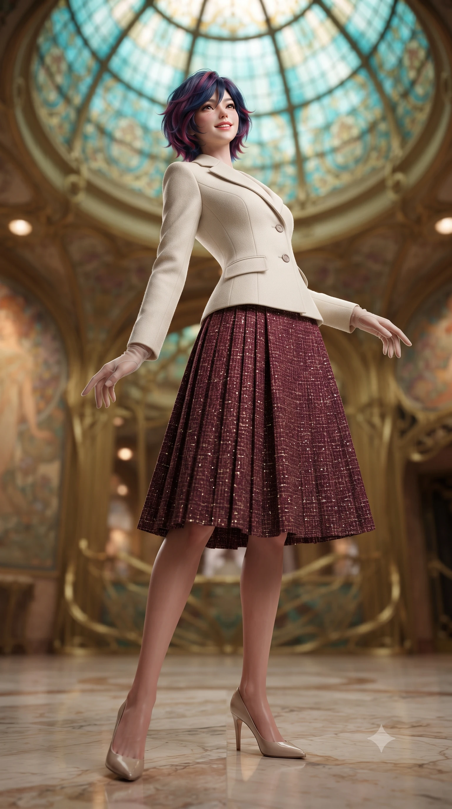 score_9, masterpiece, best quality, ultra-detailed, high-budget anime keyframe, editorial fashion photography, tasteful artistic composition, Korean woman. low angle full-body shot from head to toe showing her feet, filling the entire 9:16 vertical frame with her statuesque presence, stretching her vertical silhouette. sitting poised on the stone steps with one knee bent, arching her spine with supermodel elegance as she glances upward through thick eyelashes while standing poised on the polished marble floor beneath the sweeping Art Nouveau stained-glass dome, arching her back with siren elegance as Alphonse Mucha-style gilded mosaics shimmer. The background shows a soft-focus sinuous gilded Art Nouveau whiplash curves, floral mosaic murals, and glowing stained-glass dome panels blurred into turquoise, gold, and jade bokeh. She has an exceptionally tall and slender model-like 8.5-heads proportion, an ultra-slim waist, a flat toned midriff, narrow delicate ribcage, and beautifully sculpted feminine hips creating a graceful, slim hourglass silhouette without any bulky heaviness, with impossibly long slender legs. sharp v-shaped jawline, high-bridge nose, intricate jewel-like sparkling eyes with depth, thick eyelashes, glossy parted lips with a natural peach sheen, bright cheerful beaming smile with an enchanting and coquettish sensual glint, exuding both youthful cute charm and seductive allure, flawlessly proportioned anatomical accuracy, strict slender model proportions, natural body alignment, perfectly sculpted long slender limbs, ultra-slim waistline, clean dynamic posture without body distortion. wearing a tailored double-faced ivory wool riding coat paired with an A-line accordion pleated midi skirt in Bohemian Prague garnet ruby and antique 24k gold leaf, woven from structured British tweed with subtle metallic flecks, complemented by sheer opera-length evening gloves tracing her slender arms, the bespoke structured tailoring following the natural line of her 8.5-heads silhouette with refined elegance. illuminated by marble floor reflection bounce and sharp rose-gold rim lights sculpting her jawline, narrow waist, and curvy hips. ultra-reflective glossy finish, specular highlights, rich textural contrasts, high-contrast stereoscopic depth, volumetric dynamic lighting, 2k, ultra detail, master piece, 9:16 ratio