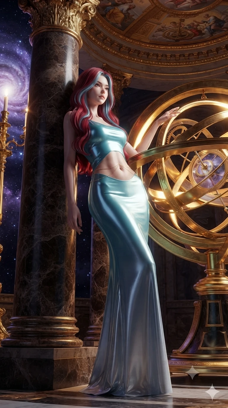 score_9, masterpiece, best quality, ultra-detailed, high-budget anime keyframe, editorial fashion photography, tasteful artistic composition, Caucasian woman. low angle full-body shot from head to toe showing her feet, filling the entire 9:16 vertical frame with her statuesque presence, stretching her vertical silhouette. standing tall beside the architectural column, one hand resting high while arching her lower back to emphasize her sculpted feminine hips and slender waist while leaning against the polished brass equatorial ring with hips cocked back, looking through celestial gear trains at the purple galaxy nebula with heavy-lidded bedroom-eyes. The surrounding environment is rendered in vivid detail and crisp panoramic clarity: detailed garment tailoring, metallic hardware accents, and monumental Renaissance astronomical engineering in high resolution. She has an exceptionally tall and slender model-like 8.5-heads proportion, an ultra-slim waist, a flat toned midriff, narrow delicate ribcage, and beautifully sculpted feminine hips creating a graceful, slim hourglass silhouette without any bulky heaviness, with impossibly long slender legs. sharp v-shaped jawline, high-bridge nose, intricate jewel-like sparkling eyes with depth, thick eyelashes, glossy parted lips with a natural peach sheen, bright cheerful beaming smile with an enchanting and coquettish sensual glint, exuding both youthful cute charm and seductive allure, flawlessly proportioned anatomical accuracy, strict slender model proportions, natural body alignment, perfectly sculpted long slender limbs, ultra-slim waistline, clean dynamic posture without body distortion. wearing a form-fitting liquid mercury jersey evening dress clinging smoothly to her narrow waist and rounded hips in glacial aurora cyan and starlight silver, crafted from bespoke double-faced cashmere with an exceptionally soft tactile finish, accented with a dainty gold belly chain resting across her flat midriff and curving hips, the bespoke structured tailoring following the natural line of her 8.5-heads silhouette with refined elegance. bathed in cold diamond starlight contrasted with the radiant warm gold of glowing armillary threads. ultra-reflective glossy finish, specular highlights, rich textural contrasts, high-contrast stereoscopic depth, volumetric dynamic lighting, 2k, ultra detail, master piece, 9:16 ratio
