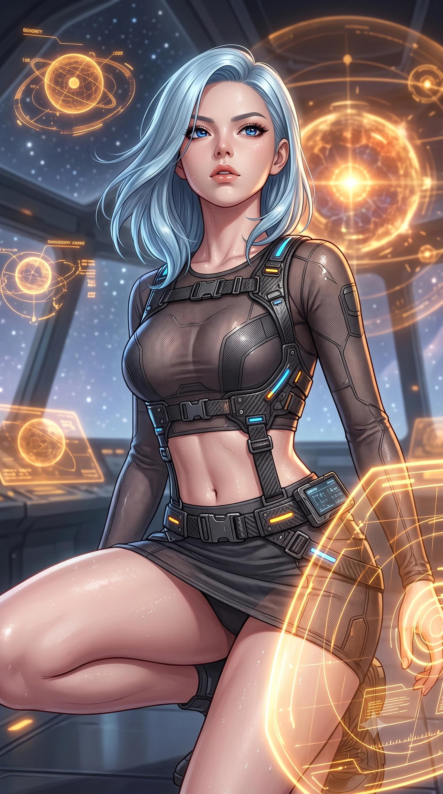 score_9, masterpiece, best quality, ultra-detailed, high-budget anime keyframe, editorial fashion photography, tasteful artistic composition, Korean woman. close-up cowboy shot from the waist and thighs up, the character dominates the composition, filling the frame with her large presence, background elements kept in soft focus. crouching slightly behind a glowing holographic shield emitter, looking up with defiance and lips slightly parted, the background shows a soft-focus the navigation deck of a singularity ship, surrounded by floating starmaps. She has an exceptionally elegant, slender, and willowy female figure with an ultra-slim waist, a gracefully sculpted slender torso, and a refined silhouette. sharp v-shaped jawline, high-bridge nose, intricate jewel-like eyes with depth, thick eyelashes, glossy lips with a natural sheen. wearing a body-hugging semi-opaque dark mesh crop top paired with a micro skirt, layered with a carbon-fiber harness. soft starlight and the warm amber glow of planetary coordinate holograms. highly saturated vibrant anime colors, detailed shading with soft gradients, rich glossy textures, high-contrast stereoscopic depth, volumetric dynamic lighting, master piece, 9:16 ratio