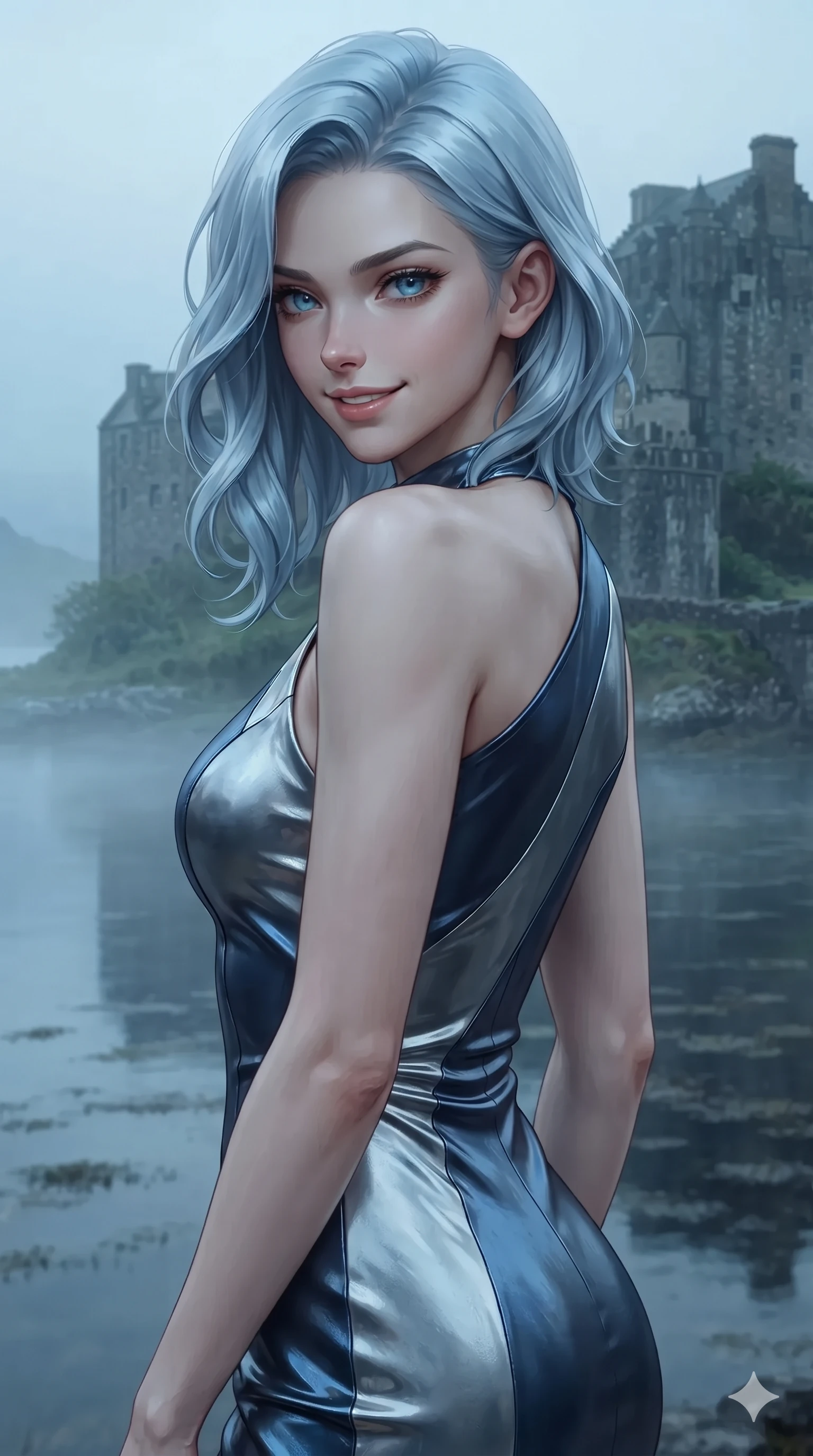 score_9, masterpiece, best quality, ultra-detailed, high-budget anime keyframe, editorial fashion photography, tasteful artistic composition, Korean woman. close-up cowboy shot from the waist and thighs up, the character dominates the composition, filling the frame with her large presence. turning over a bare shoulder with an intoxicating, teasing smile, her soft hair framing her sharp jawline as her hips angle gracefully in a captivating contrapposto while turning in an alluring contrapposto stance as her sweeping heavy fabric catches the highland breeze, gazing out over the vast loch with sovereign allure. The surrounding environment is rendered in vivid detail and crisp panoramic clarity: detailed bespoke double-faced cashmere tailoring, rich textural contrasts, and monumental fortress architecture in razor-sharp precision. She has an exceptionally elegant, slender, and willowy female figure with an ultra-slim waist, flat toned midriff, narrow ribcage, and sculpted feminine hips creating an alluring, slim hourglass silhouette without bulk. sharp v-shaped jawline, high-bridge nose, intricate jewel-like eyes with depth, thick eyelashes, glossy parted lips with a natural sheen, intensely captivating and seductive bedroom-eyes expression, flawlessly proportioned anatomical accuracy, strict slender model proportions, natural body alignment, perfectly sculpted long slender limbs, ultra-slim waistline, clean dynamic posture without body distortion. wearing a form-contouring cocktail dress with an asymmetrical open shoulder and hip-defining ruching in midnight sapphire and polished liquid silver, woven from structured carbon-fiber jacquard with rich textural depth, finished with an ultra-high side slit secured by miniature jeweled clasps, the impeccably tailored cut draping gracefully along her slender figure with aristocratic poise. illuminated by cool misty ambient loch light softly contouring her razor-sharp jawline, narrow waist, and curvy hips. ultra-reflective glossy finish, specular highlights, rich textural contrasts, high-contrast stereoscopic depth, volumetric dynamic lighting, 2k, ultra detail, master piece, 9:16 ratio