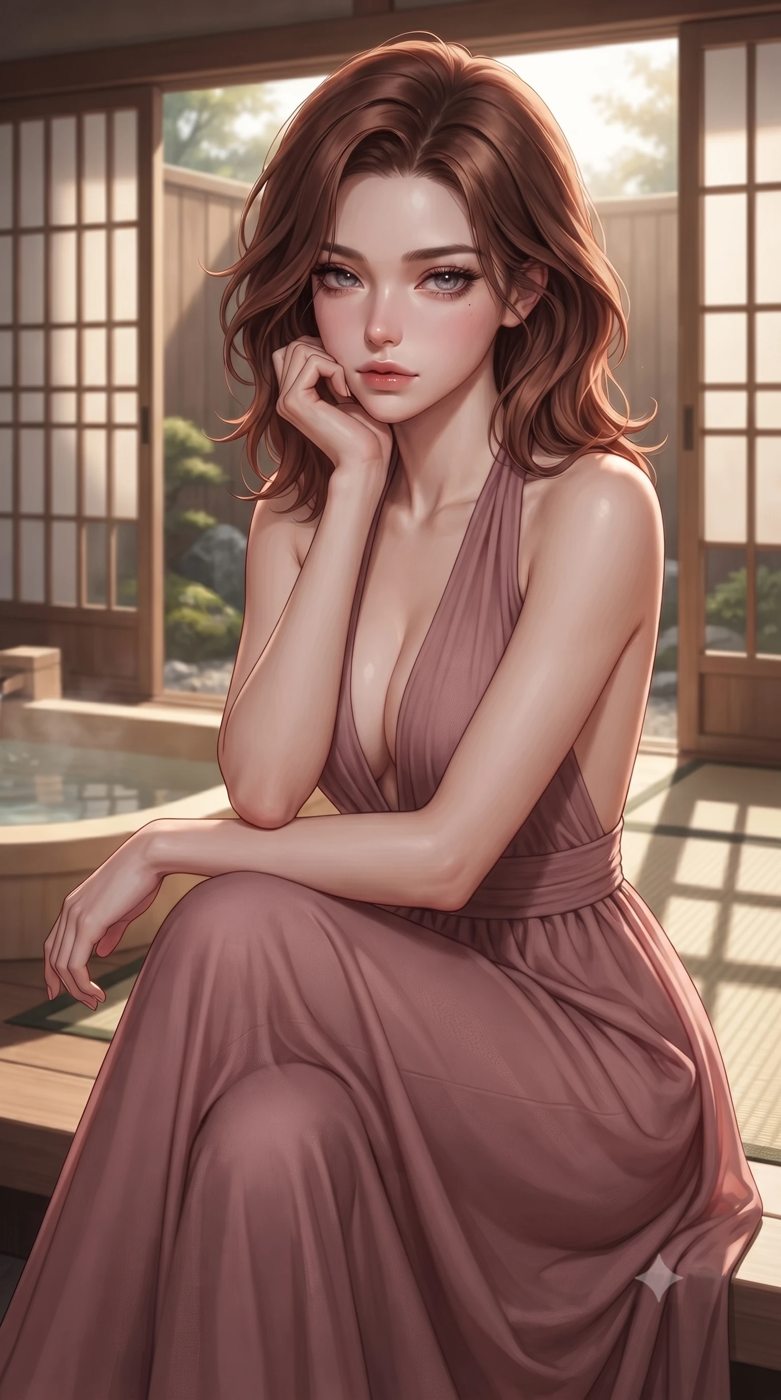 score_9, masterpiece, best quality, ultra-detailed, high-budget anime keyframe, editorial fashion photography, tasteful artistic composition, Korean woman woman. close-up cowboy shot from the waist and thighs up, the character dominates the composition, filling the frame with her large presence, background elements kept in soft focus. resting her chin on the backs of her fingers, casting a heavy-lidded, sultry look past the camera the background shows a soft-focus a private cypress wood bath (hinoki) facing a small moss garden through sliding doors. She has an exceptionally elegant, slender, and willowy female figure with an ultra-slim waist, a gracefully sculpted slender torso, and a refined silhouette. sharp v-shaped jawline, high-bridge nose, intricate jewel-like eyes with depth, thick eyelashes, glossy lips with a natural sheen. wearing a form-contouring deep plunging-V neck maxi dress in dusty rose chiffon with a bold halter neck and low-cut back. soft late afternoon sunrays casting long wooden grid shadows on the tatami. ultra-reflective glossy finish, specular highlights, metallic sheen, high-contrast stereoscopic depth, volumetric dynamic lighting, 2k, ultra detail, master piece, 9:16 ratio