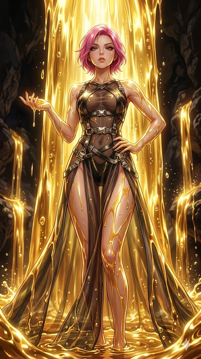 score_9, masterpiece, best quality, ultra-detailed, High-budget Anime Keyframe, East Asian woman. Low angle cowboy shot filling the entire 9:16 frame with her statuesque presence. Scenario 169: Standing under a waterfall of liquid gold, the fluid coa