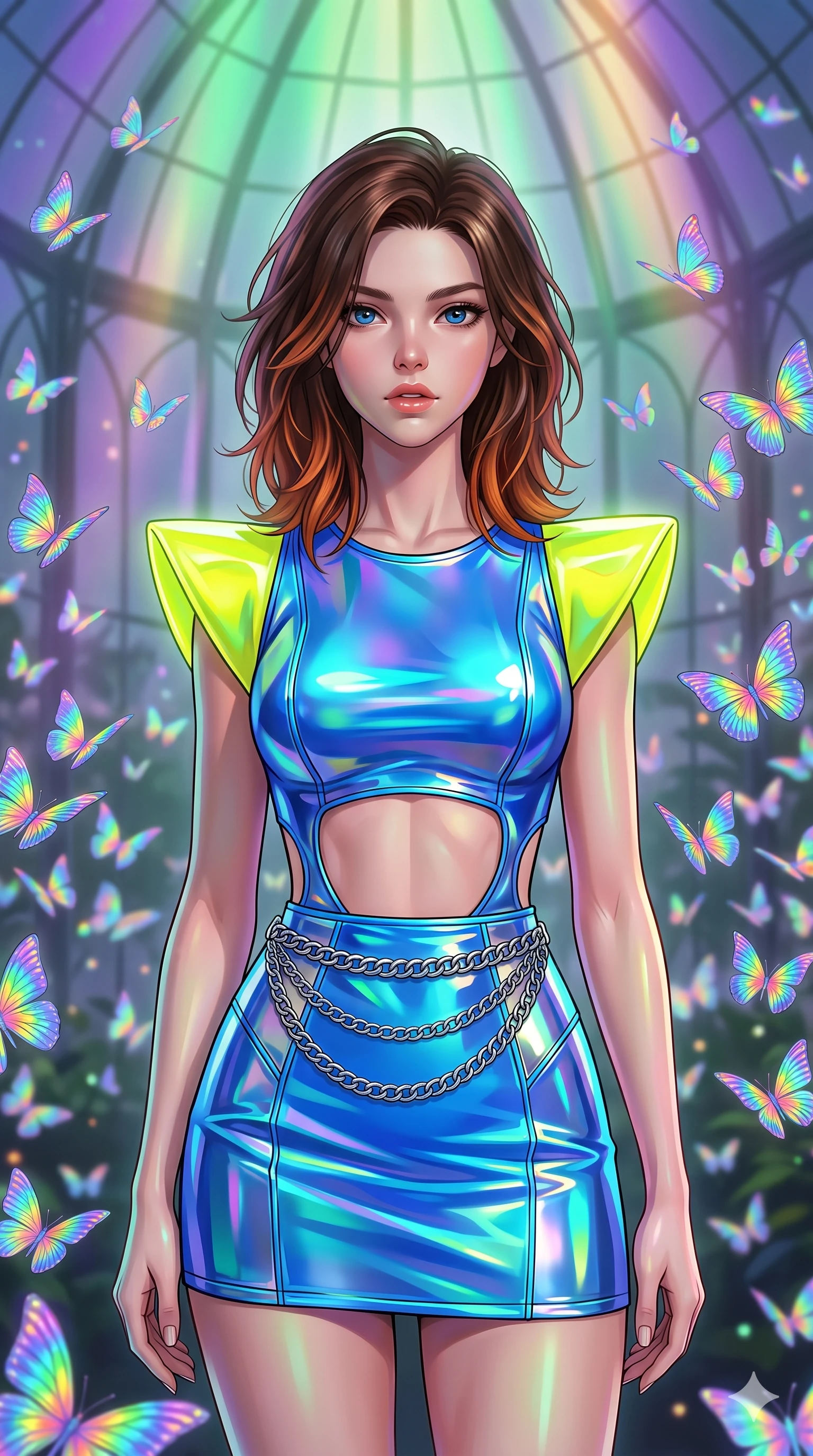 score_9, masterpiece, best quality, ultra-detailed, high-budget anime keyframe, editorial fashion photography, tasteful artistic composition, Korean woman. close-up cowboy shot from the waist and thighs up, the character dominates the composition, filling the frame with her large presence, background elements kept in soft focus. Looking directly at the camera with a bold fearless expression and parted lips. set against a soft-focus background of a soaring glass conservatory filled with thousands of holographic butterflies made of pure structured light their wings projecting miniature rainbow patterns as they flutter in organized swarms. She has an exceptionally elegant and slender, willowy female figure with an ultra-slim waist, a gracefully sculpted slender torso, and a refined slim physique. sharp v-shaped jawline, high-bridge nose, intricate jewel-like eyes with depth, thick eyelashes, glossy lips with a natural sheen. wearing a holographic mini dress in electric blue, featuring neon yellow shoulder pads, an exposed midriff, and a chrome waist chain. illuminated by a shifting aurora palette of green violet and gold from above. 2k, ultra detail, master piece, 9:16 ratio