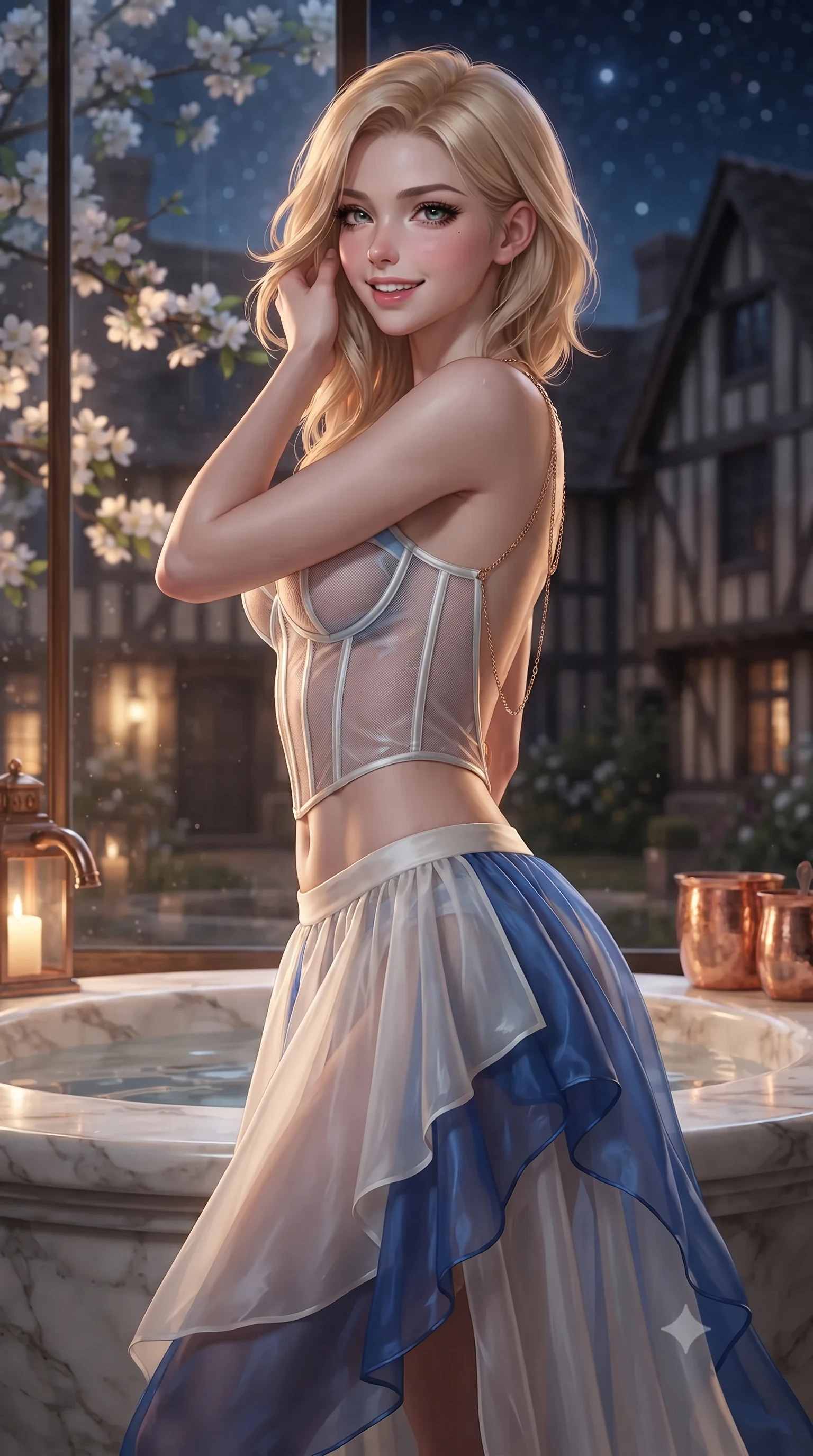 score_9, masterpiece, best quality, ultra-detailed, high-budget anime keyframe, editorial fashion photography, tasteful artistic composition, Caucasian woman. close-up cowboy shot from the waist and thighs up, the character dominates the composition, filling the frame with her large presence. gently brushing a lock of hair behind her ear while casting a playful, flirtatious side-gaze with long eyelashes while twisting her slender torso in an alluring S-curve beside the marble water basin, gentle lantern light wrapping around her flat midriff and curvy hips. The background shows a soft-focus illuminated white apple blossom branches outside glass, historic half-timbered Norman manor walls, and starry night sky blurred into blush, copper, and emerald bokeh. She has an exceptionally elegant, slender, and willowy female figure with an ultra-slim waist, flat toned midriff, narrow ribcage, and sculpted feminine hips creating an alluring, slim hourglass silhouette without bulk. sharp v-shaped jawline, high-bridge nose, intricate jewel-like sparkling eyes with depth, thick eyelashes, glossy parted lips with a natural peach sheen, bright cheerful beaming smile with an enchanting and coquettish sensual glint, exuding both youthful cute charm and seductive allure, flawlessly proportioned anatomical accuracy, strict slender model proportions, natural body alignment, perfectly sculpted long slender limbs, ultra-slim waistline, clean dynamic posture without body distortion. wearing a provocative translucent mesh corset bodice with boned satin channels paired with a sheer chiffon wrap maxi skirt in Normandy Étretat alabaster chalk white and Atlantic cobalt, crafted from translucent silk organza with an ethereal crystalline sheen, accented with an open-back drape framed by falling strands of delicate gold chains, the form-contouring silhouette accentuating her sculpted flat midriff, narrow delicate ribcage, and gracefully curvy hips with intoxicating allure. illuminated by copper vessel reflection bounce and sharp rose-gold rim lights sculpting her jawline, narrow waist, and curvy hips. ultra-reflective glossy finish, specular highlights, rich textural contrasts, high-contrast stereoscopic depth, volumetric dynamic lighting, 2k, ultra detail, master piece, 9:16 ratio