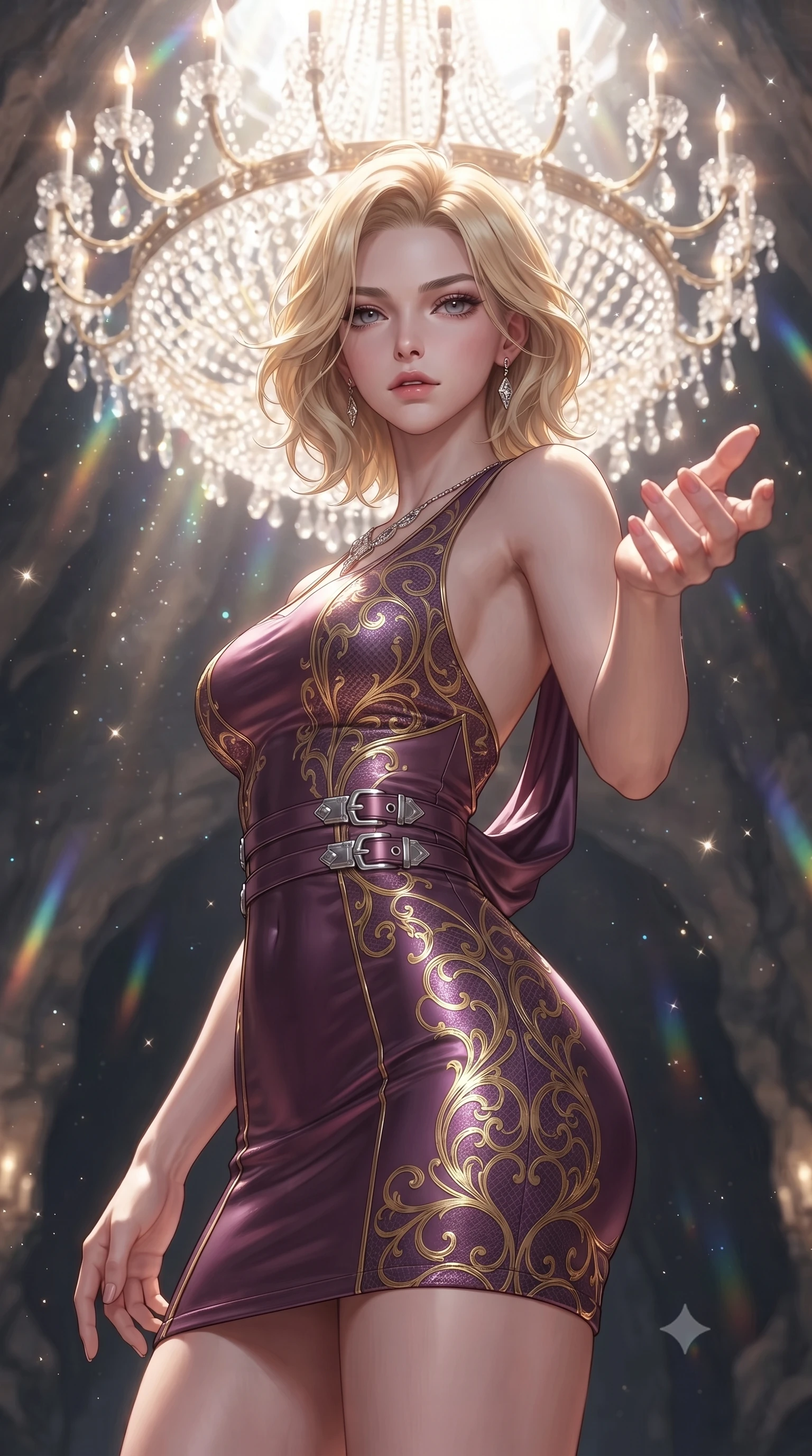 score_9, masterpiece, best quality, ultra-detailed, high-budget anime keyframe, editorial fashion photography, tasteful artistic composition, Caucasian woman. close-up cowboy shot from the waist and thighs up, the character dominates the composition, filling the frame with her large presence, background elements kept in soft focus. Reaching one hand gracefully toward the viewer with effortless superiority and allure poised beneath a giant crystal chandelier refracting subterranean sunlight, glowing mineral dust shimmering like stars in the quiet cavern air. She has an exceptionally elegant, slender, and willowy female figure with an ultra-slim waist, a gracefully sculpted slender torso, and a refined silhouette. sharp v-shaped jawline, high-bridge nose, intricate jewel-like eyes with depth, thick eyelashes, glossy lips with a natural sheen. wearing a precision-fitted liquid jersey bodycon dress with a draped back in plum purple and gold filigree, made of fine carbon-fiber weave and soft matte leather, detailed with polished silver buckles along the waistline, the elegant draped fit framing her graceful clavicle and slender torso. bathed in brilliant prismatic light filtering from a natural cavern skylight. ultra-reflective glossy finish, specular highlights, metallic sheen, high-contrast stereoscopic depth, volumetric dynamic lighting, 2k, ultra detail, master piece, 9:16 ratio
