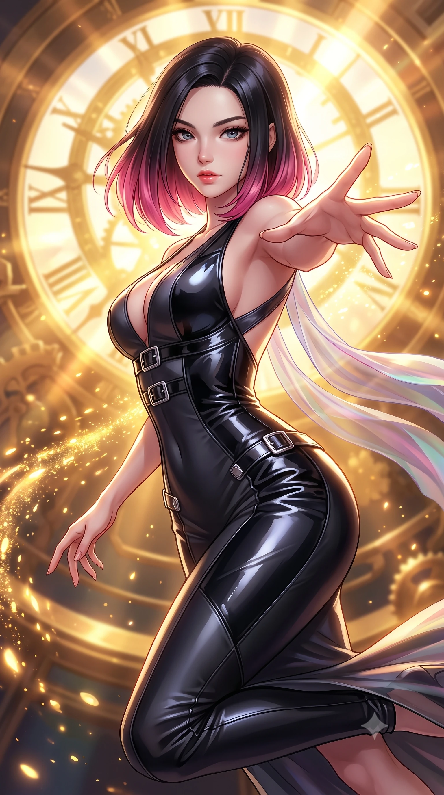 score_9, masterpiece, best quality, ultra-detailed, high-budget anime keyframe, editorial fashion photography, tasteful artistic composition, Korean woman. close-up cowboy shot from the waist and thighs up, the character dominates the composition, filling the frame with her large presence, background elements kept in soft focus. Reaching her hand gracefully toward the camera with magnetic allure, her torso turning in a dynamic S-curve alignment while leaping through intense volumetric sunbeams filtering through a giant golden solar clockwork, glowing solar pollen particles drifting in rapid swirling currents nearby. She has an exceptionally elegant, slender, and willowy female figure with an ultra-slim waist, a gracefully sculpted slender torso, and a refined silhouette. sharp v-shaped jawline, high-bridge nose, intricate jewel-like eyes with depth, thick eyelashes, glossy lips with a natural sheen, flawlessly proportioned anatomical accuracy, natural body alignment, perfectly sculpted elegant limbs, clean dynamic posture without body distortion. wearing a translucent iridescent chiffon gown with a plunging neckline and open back in matte black and polished silver, tailored from high-gloss patent leather, detailed with polished silver buckles along the waistline, the tailored fabric tightly following every curve of her athletic build. bathed in glorious golden solar flares and intense warm sunburst backlighting. highly saturated vibrant anime colors, detailed shading with soft gradients, rich glossy textures, high-contrast stereoscopic depth, volumetric dynamic lighting, master piece, 9:16 ratio