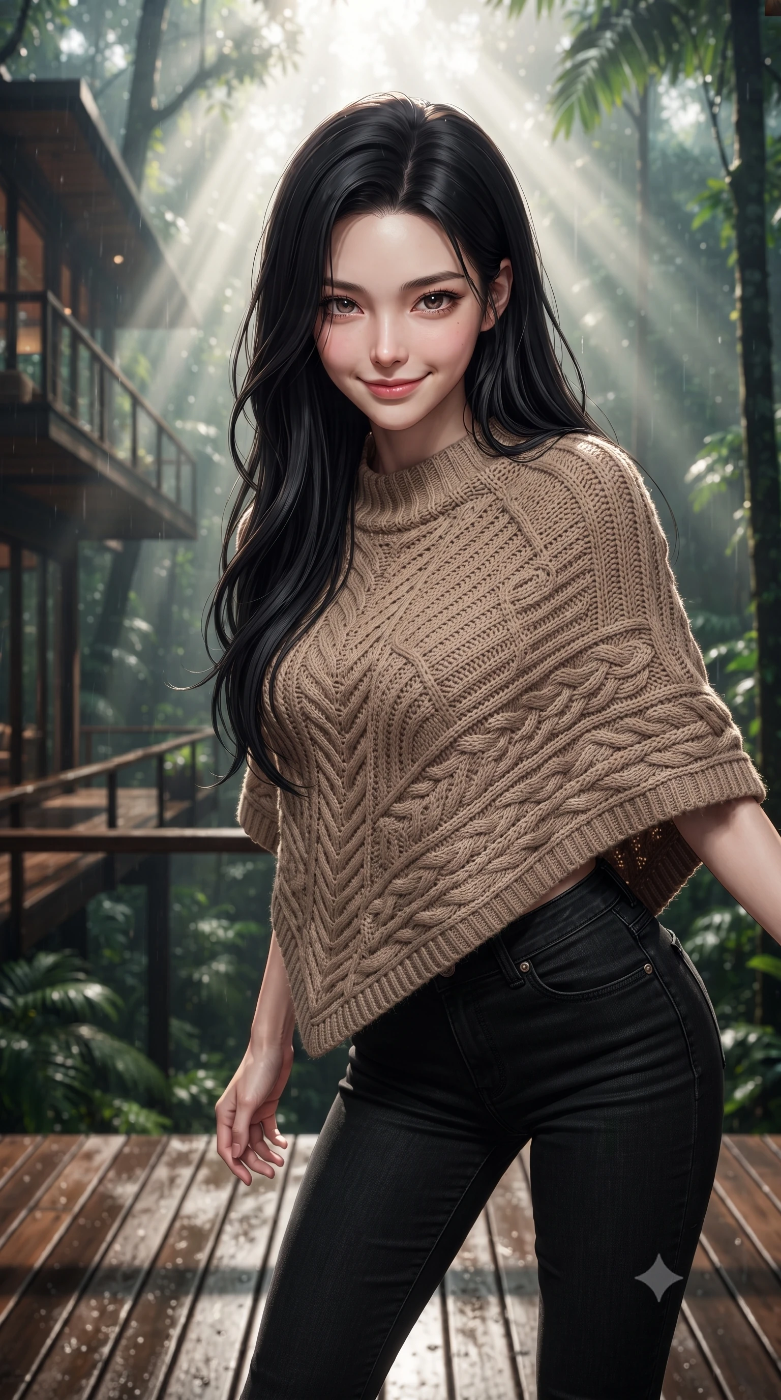 score_9, masterpiece, best quality, ultra-detailed, high-budget anime keyframe, editorial fashion photography, tasteful artistic composition, Korean woman woman. close-up cowboy shot from the waist and thighs up, the character dominates the composition, filling the frame with her large presence, background elements kept in soft focus. leaning slightly forward with a playful, teasing smile, her gaze locked onto the viewer the background shows a soft-focus a wooden deck of a modern villa suspended high in the canopy of a tropical forest. She has an exceptionally elegant, slender, and willowy female figure with an ultra-slim waist, a gracefully sculpted slender torso, and a refined silhouette. sharp v-shaped jawline, high-bridge nose, intricate jewel-like eyes with depth, thick eyelashes, glossy lips with a natural sheen. wearing a body-hugging stylish light brown knit poncho over black skinny jeans. sunbeams slicing through the damp forest air, creating volumetric light rays. ultra-reflective glossy finish, specular highlights, metallic sheen, high-contrast stereoscopic depth, volumetric dynamic lighting, 2k, ultra detail, master piece, 9:16 ratio