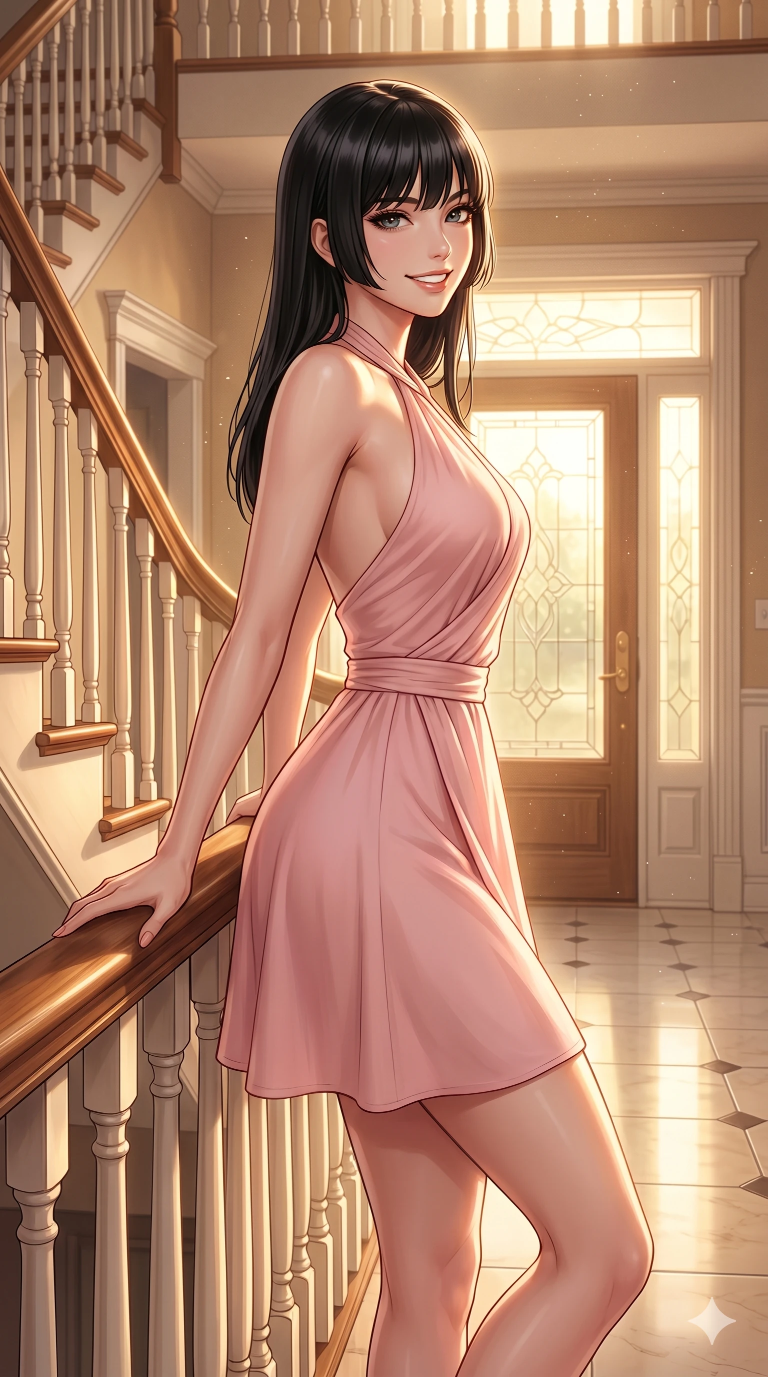 score_9, masterpiece, best quality, ultra-detailed, high-budget anime keyframe, editorial fashion photography, tasteful artistic composition, Caucasian woman, strictly human ears. cowboy shot from the thighs up, character and outfit filling the frame for maximum editorial presence. looking back over her shoulder with a bright, confident smile leaning on a wooden railing of a classic staircase in a sunlit foyer. She has an absolutely perfect 8-heads proportion, an exceptionally tall and slender female figure with impossibly long slender legs and an ultra-slim waist. V-shaped jawline, high-bridge nose, intricate jewel-like eyes with depth, thick eyelashes, glossy lips with a natural sheen. wearing a soft pink wrap dress with a graceful halter neck and bare shoulders. bathed in warm golden hour light pouring through the glass door panel. 2k, ultra detail, master piece, 9:16 ratio