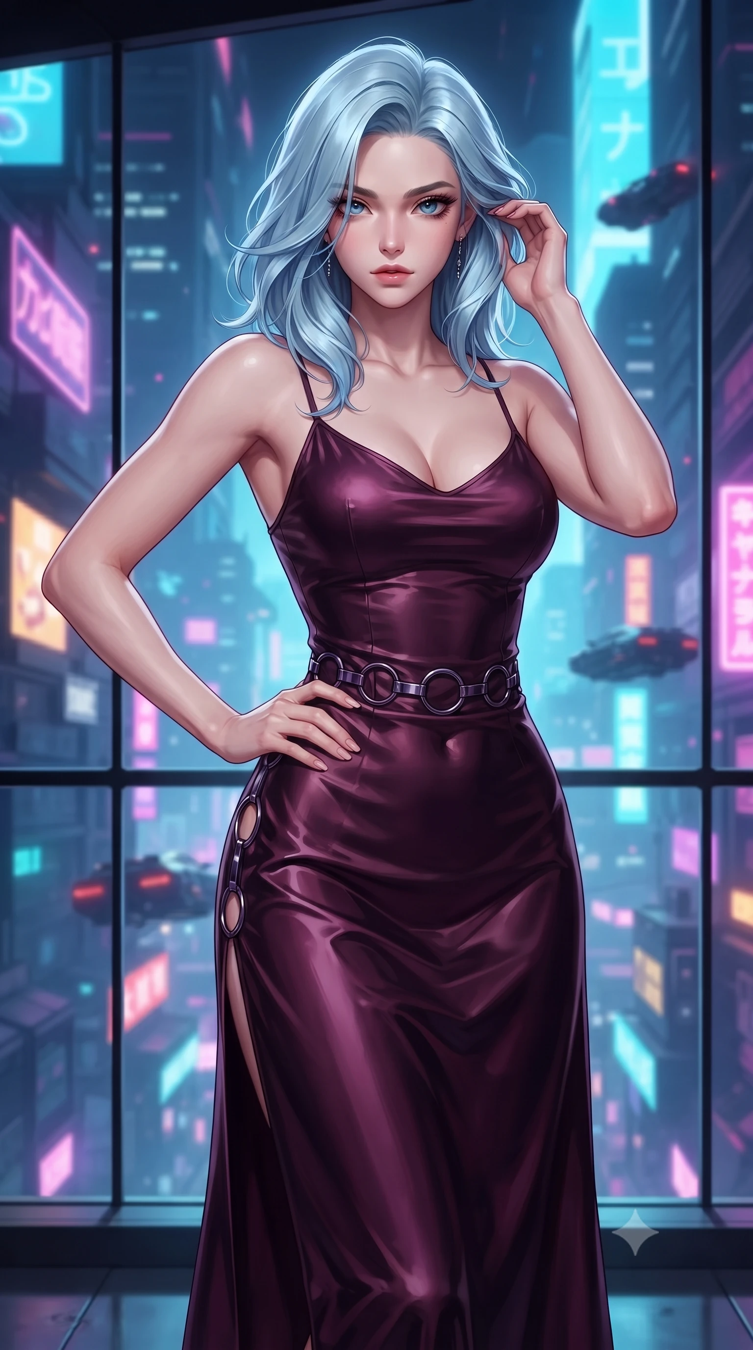 score_9, masterpiece, best quality, ultra-detailed, high-budget anime keyframe, editorial fashion photography, tasteful artistic composition, Korean woman. close-up cowboy shot from the waist and thighs up, the character dominates the composition, filling the frame with her large presence, background elements kept in soft focus. Holding a confident power pose with one hand on her hip, walking past a panoramic glass wall looking out over a neon Cyber-Tokyo skyline, sculpted athletic form contoured by a second-skin metallic bodysuit. She has an exceptionally elegant, slender, and willowy female figure with an ultra-slim waist, a gracefully sculpted slender torso, and a refined silhouette. sharp v-shaped jawline, high-bridge nose, intricate jewel-like eyes with depth, thick eyelashes, glossy lips with a natural sheen. wearing form-contouring dark crimson liquid silk long slip dress in dark plum violet, made of iridescent dark violet taffeta, trimmed with dark chrome ring hardware along the waist contours, contouring every curve with an exceptionally elegant silhouette. lit by intense digital key light piercing through deep cyber shadows. highly saturated vibrant anime colors, detailed shading with soft gradients, rich glossy textures, high-contrast stereoscopic depth, volumetric dynamic lighting, master piece, 9:16 ratio