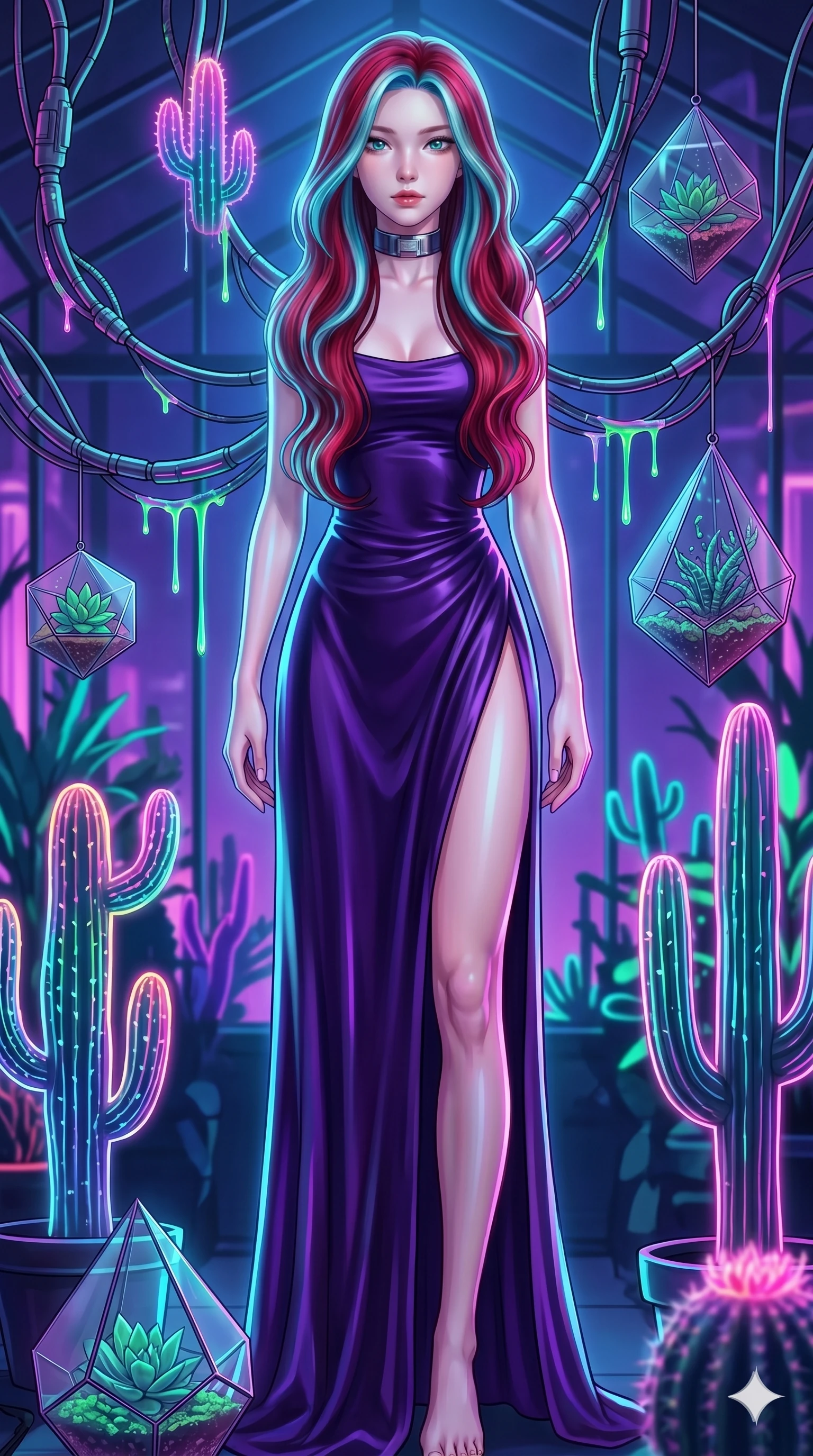 score_9, masterpiece, best quality, ultra-detailed, high-budget anime keyframe, Japanese woman. upper body close-up from the thighs up, character filling the screen for maximum presence. standing in a retro-futuristic synthwave greenhouse where glowing neon cacti and polyhedral glass terrariums float around her, while fluorescent cyber-sap drips from cybernetic vines. She has an absolutely perfect 8-heads proportion, an exceptionally tall and slender female figure with impossibly long slender legs and an ultra-slim waist. V-shaped jawline, high-bridge nose, intricate jewel-like eyes with depth, thick eyelashes, glossy lips with a natural sheen.. wearing a gothic liquid silk gown, featuring a deep purple liquid silk maxi gown draped around her, secured by a metallic choker collar, with a high side slit. bathed in brilliant cinematic volumetric lighting and intense neon rim light highlighting her slender form. 2k, ultra detail, master piece, 9:16 ratio