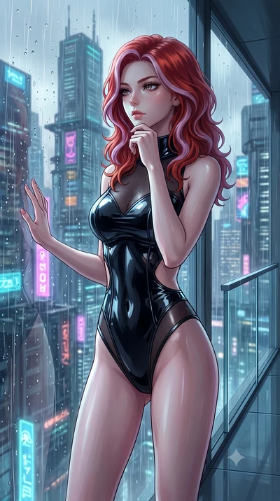 score_9, masterpiece, best quality, ultra-detailed, High-budget Anime Keyframe, Caucasian woman, strictly human ears. Low angle cowboy shot filling the entire 9:16 frame with her statuesque presence. Scenario 309: looking out at the rain through a we