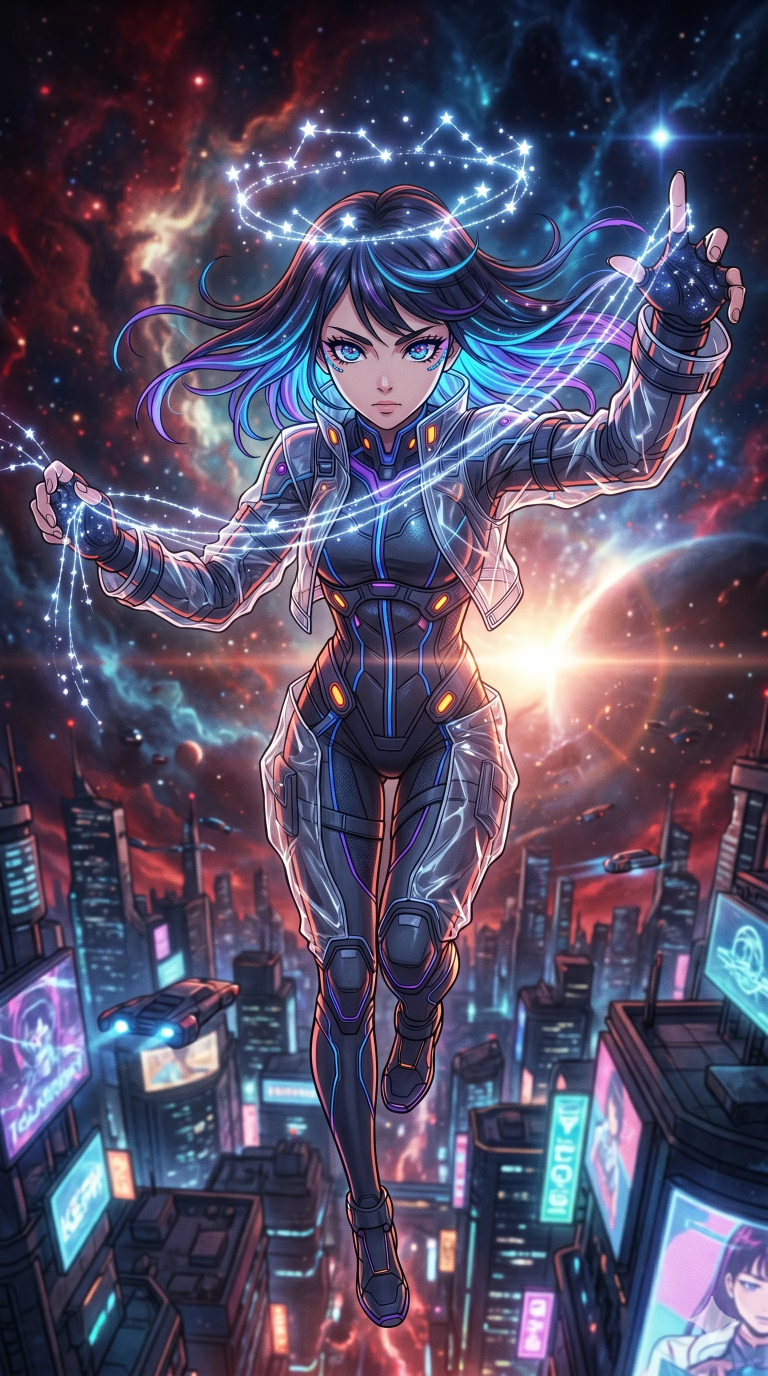 score_9, masterpiece, best quality, ultra-detailed, high-budget anime movie keyframe, cinematic anime lighting, intricate line art, Japanese anime girl. Extreme high angle shot as she leaps towards the camera, filling the frame. weaving a crown of stars that floats above her head. She has an absolutely perfect 8-heads proportion, an exceptionally tall and slender female figure with an ultra-slim waist and impossibly long slender legs. strictly human anatomy, two legs only, no extra limbs, clearly defined legs and arms, perfect anatomy, perfect hands and fingers. sharp v-shaped jawline, high-bridge nose, intricate jewel-like eyes, thick eyelashes, glossy lips. Wearing Tech-Fantasy: Cybernetic tech-suit with glowing seams, translucent PVC over leotard, and modular tactical gear. The scene is illuminated by dramatic atmospheric lighting and vibrant color palettes. , 2k, ultra detail, master piece, 9:16 ratio