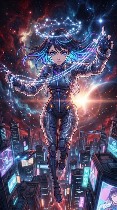 score_9, masterpiece, best quality, ultra-detailed, high-budget anime movie keyframe, cinematic anime lighting, intricate line art, Japanese anime girl. Extreme high angle shot as she leaps towards the camera, filling the frame. weaving a crown of st