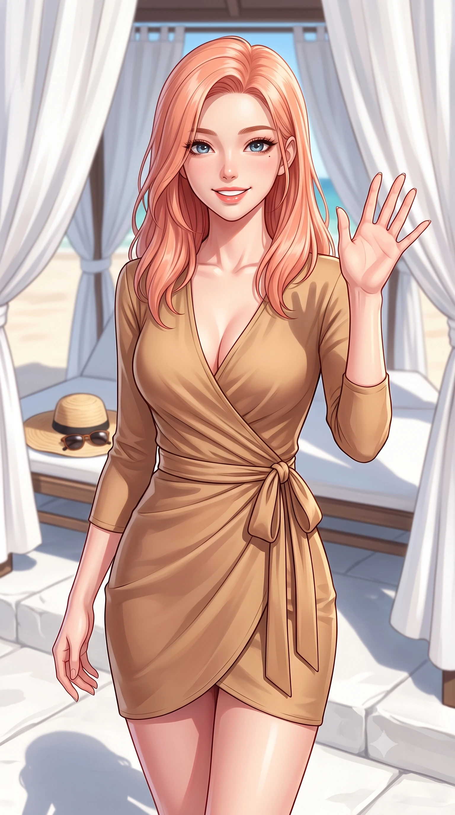 score_9, masterpiece, best quality, ultra-detailed, high-budget anime keyframe, editorial fashion photography, tasteful artistic composition, Japanese woman. close-up cowboy shot from the waist and thighs up, the character dominates the composition, filling the frame with her large presence, background elements kept in soft focus. flashing a sweet, beaming smile while waving one hand gently toward the camera set against a soft-focus background of at a resort beach cabana with white cotton drapes fluttering in the wind with a straw sunhat and a pair of sunglasses resting on the lounge chair. She has an exceptionally elegant, slender, and willowy female figure with an ultra-slim waist, a gracefully sculpted slender torso, and a refined silhouette. sharp v-shaped jawline, high-bridge nose, intricate jewel-like eyes with depth, thick eyelashes, glossy lips with a natural sheen. wearing tailored form-contouring silk wrap dress in camel, outlining her slender waist. bright midday sun casting crisp, clean shadows on the white stone deck. highly saturated vibrant anime colors, detailed shading with soft gradients, rich glossy textures, high-contrast stereoscopic depth, volumetric dynamic lighting, master piece, 9:16 ratio