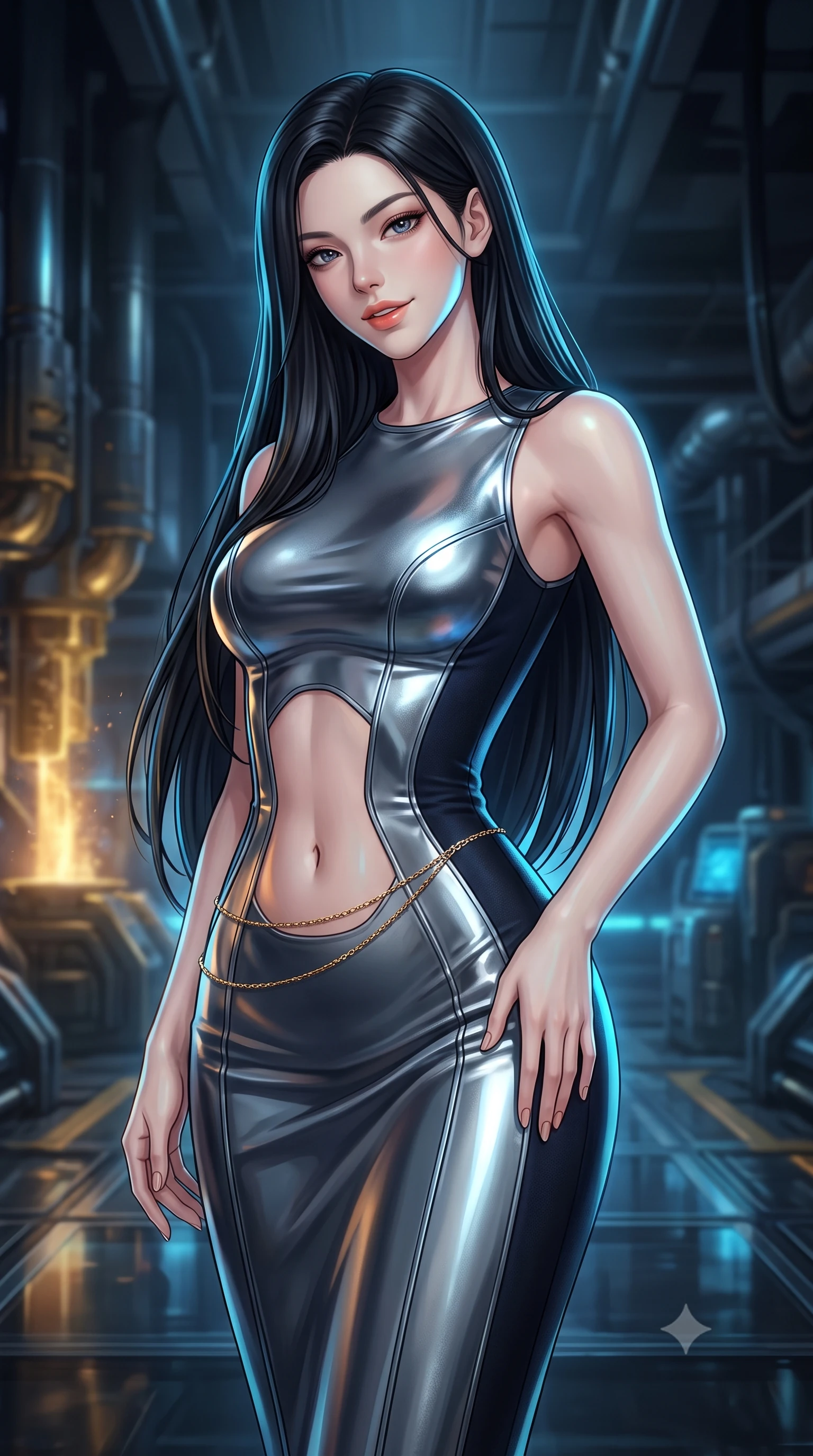 score_9, masterpiece, best quality, ultra-detailed, high-budget anime keyframe, editorial fashion photography, tasteful artistic composition, Korean woman. close-up cowboy shot from the waist and thighs up, the character dominates the composition, filling the frame with her large presence. tilting her head with a teasing half-smile, running one hand slowly down the side of her hip in a flirtatious S-curve as ambient light caresses her silhouette while twisting her slender torso in an alluring contrapposto stance, golden mineral vent heat shimmers and blue bioluminescence playing across her narrow waist and curvy hips. The surrounding environment is rendered in vivid detail and crisp panoramic clarity: detailed bespoke tailoring, liquid fabric textures, and extreme-depth abyssal engineering in razor-sharp precision. She has an exceptionally elegant, slender, and willowy female figure with an ultra-slim waist, flat toned midriff, narrow ribcage, and sculpted feminine hips creating an alluring, slim hourglass silhouette without bulk. sharp v-shaped jawline, high-bridge nose, intricate jewel-like sparkling eyes with depth, thick eyelashes, glossy parted lips with a natural peach sheen, bright cheerful beaming smile with an enchanting and coquettish sensual glint, exuding both youthful cute charm and seductive allure, flawlessly proportioned anatomical accuracy, strict slender model proportions, natural body alignment, perfectly sculpted long slender limbs, ultra-slim waistline, clean dynamic posture without body distortion. wearing a sculpted second-skin neoprene column gown with subtle architectural seam lines accentuating her curves in liquid mercury chrome and deep midnight obsidian, crafted from bespoke double-faced cashmere with an exceptionally soft tactile finish, accented with a dainty gold belly chain resting across her flat midriff and curving hips, the glove-like clinging cut tightly following the natural contour of her hips and long slender legs with youthful 8.5-heads elegance. illuminated by acrylic floor reflection bounce and sharp sapphire-cyan rim lights sculpting her razor-sharp jawline, narrow waist, and curvy hips. ultra-reflective glossy finish, specular highlights, rich textural contrasts, high-contrast stereoscopic depth, volumetric dynamic lighting, 2k, ultra detail, master piece, 9:16 ratio