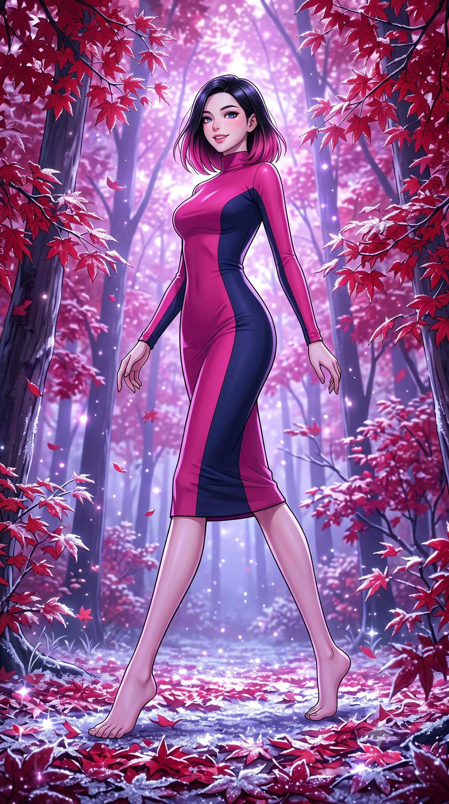 score_9, masterpiece, best quality, ultra-detailed, high-budget anime keyframe, editorial fashion photography, tasteful artistic composition, gorgeous anime illustration, with clean line-art, distinct ink outlines, and high-contrast stereoscopic depth, Korean woman. low angle full-body shot from head to toe showing her feet, filling the entire 9:16 vertical frame with her statuesque presence, stretching her vertical silhouette. navigating with fluid, playful motion through walking through an autumn maple forest where every crimson leaf is covered in a sparkling layer of silver frost, creating a contrast of red and silver. She has a statuesque 8.5-heads proportion, an exceptionally tall, slender and willowy model-like build with impossibly long legs and a highly sculpted ultra-slim waist. sharp v-shaped jawline, high-bridge nose, intricate jewel-like eyes with depth, thick eyelashes, glossy lips with a natural sheen. wearing a high-neck bodycon midi dress in a dual-tone of fuchsia and navy, sculpting her slender dancer frame with elegant lines. cool purple and pink morning dawn light reflecting off the frosted leaves, creating a sparkling and glowing forest floor. 2k, ultra detail, master piece, 9:16 ratio, highly saturated vibrant anime colors, detailed cel-shading with soft gradients, rich glossy textures, deep contrast, volumetric dynamic lighting, 2d animation style